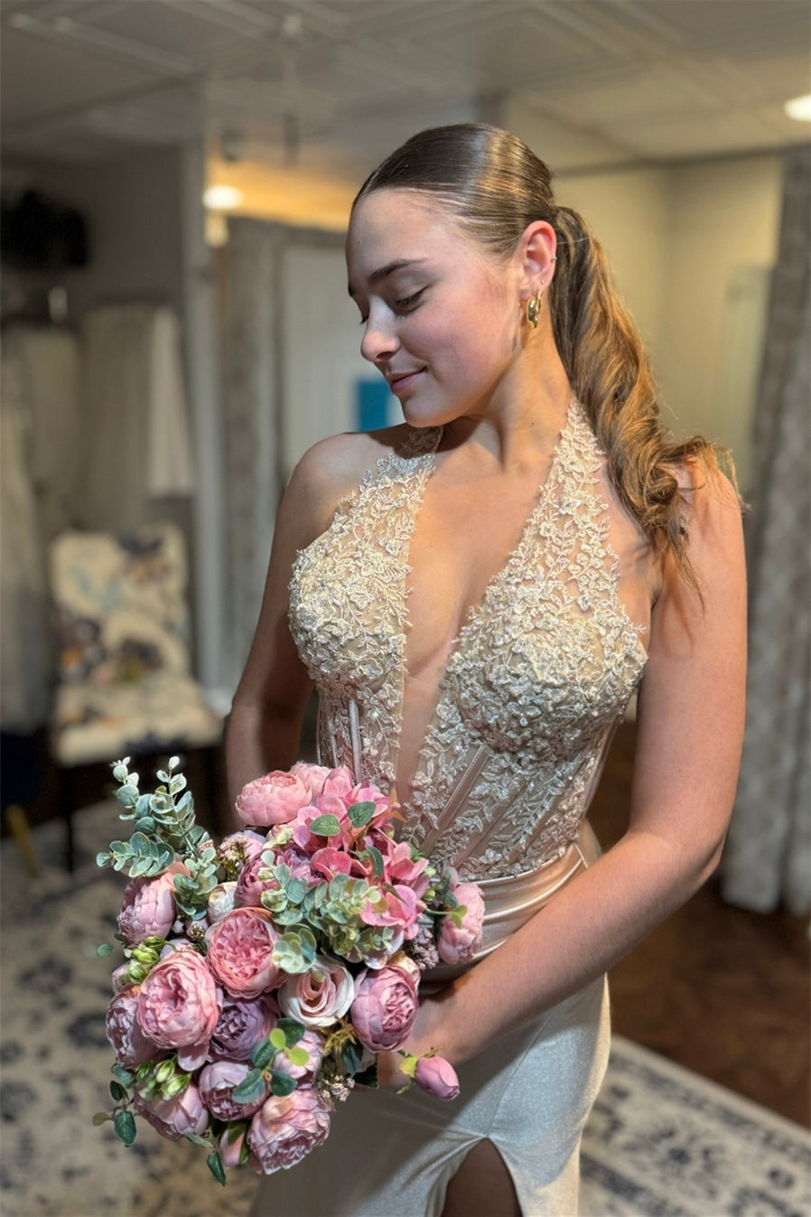 Champage Halter Applique Prom Dress with Slit