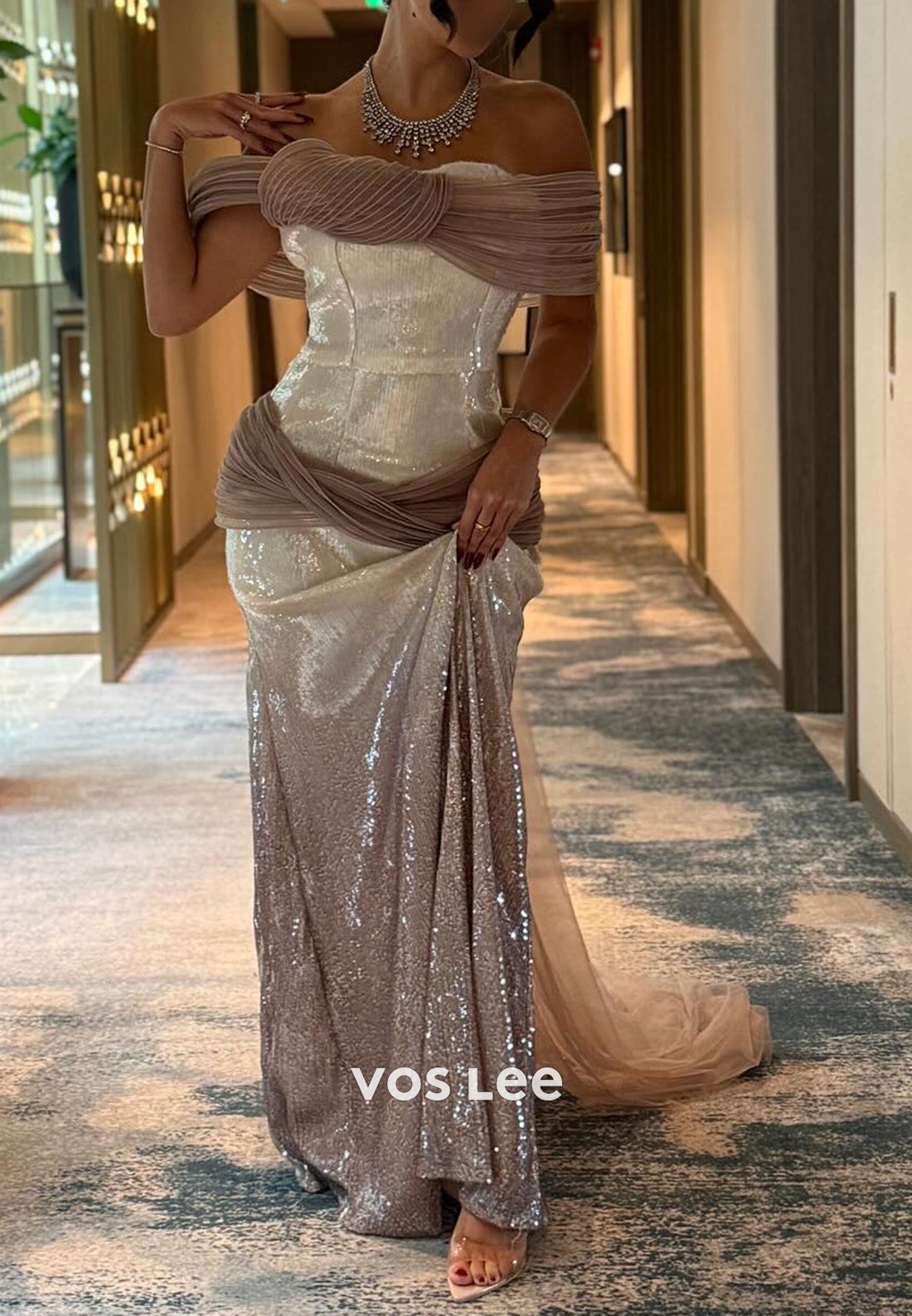 Off the Shoulder Fully Sequined Ruched Mermaid Evening Dresses