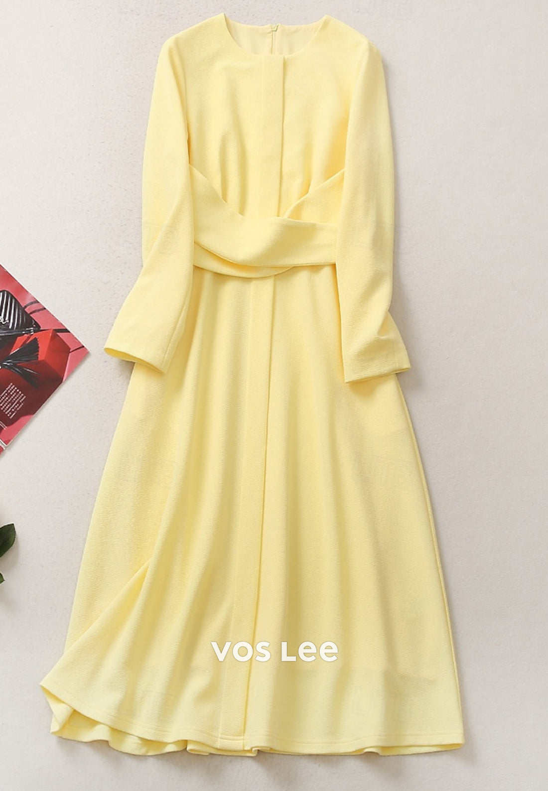 A-Line Long Sleeve Scoop Tea-Length Ruched Mother of Bride Dresses