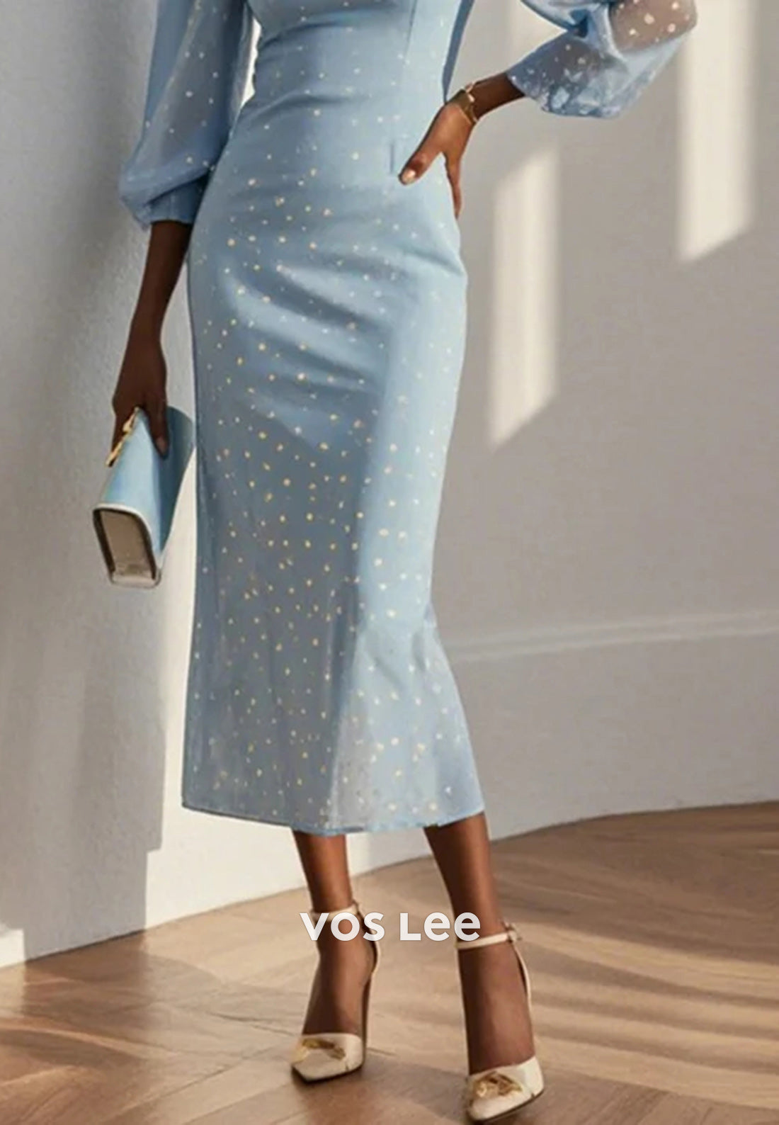Sky Blue Long Sleeve Tulle Square Tea-Length Simple Mermaid Wedding Guest Dresses
