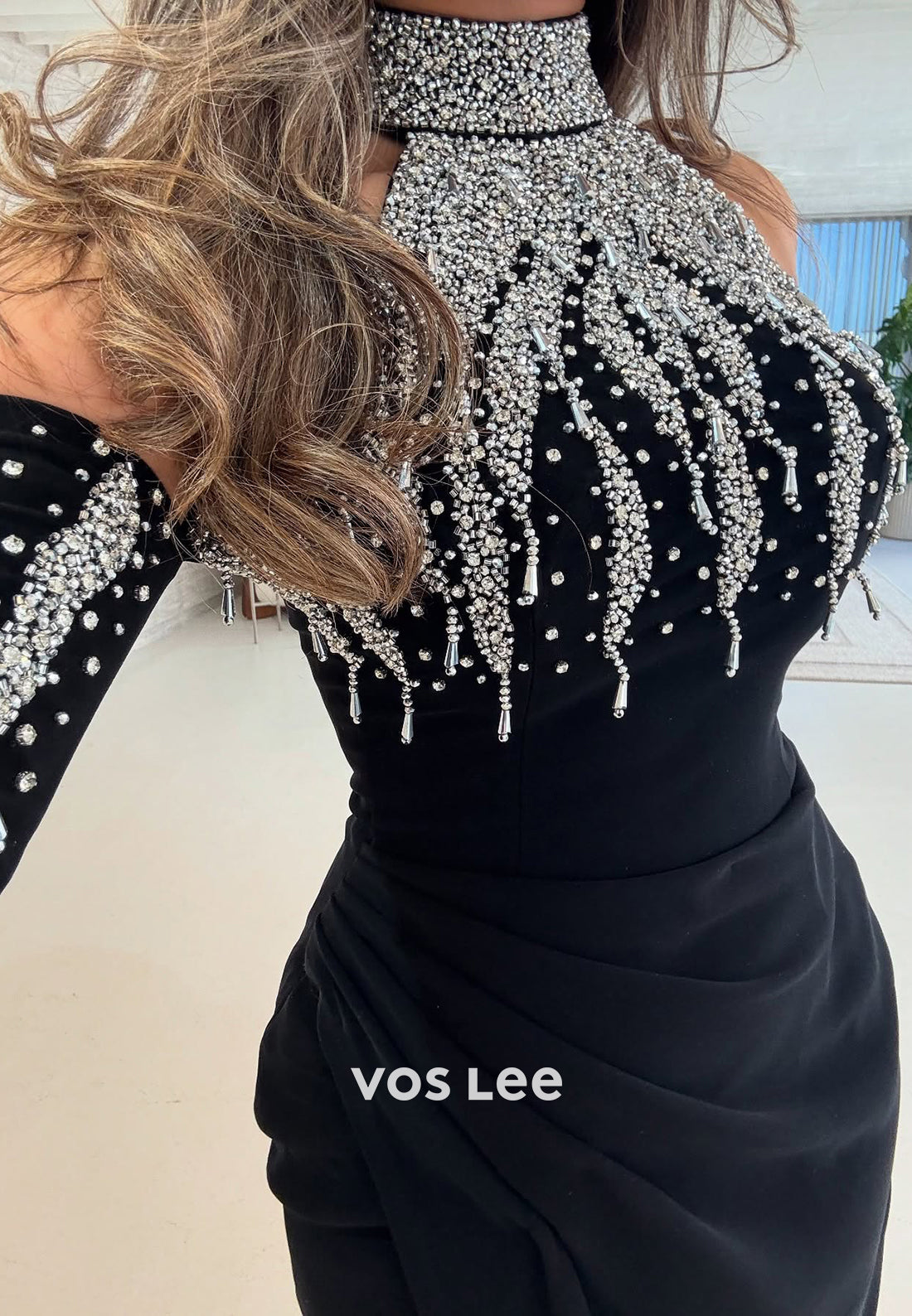 Long Sleeve Halter Rhinestone Embellished Ankle-Length Sheath Evening Dresses