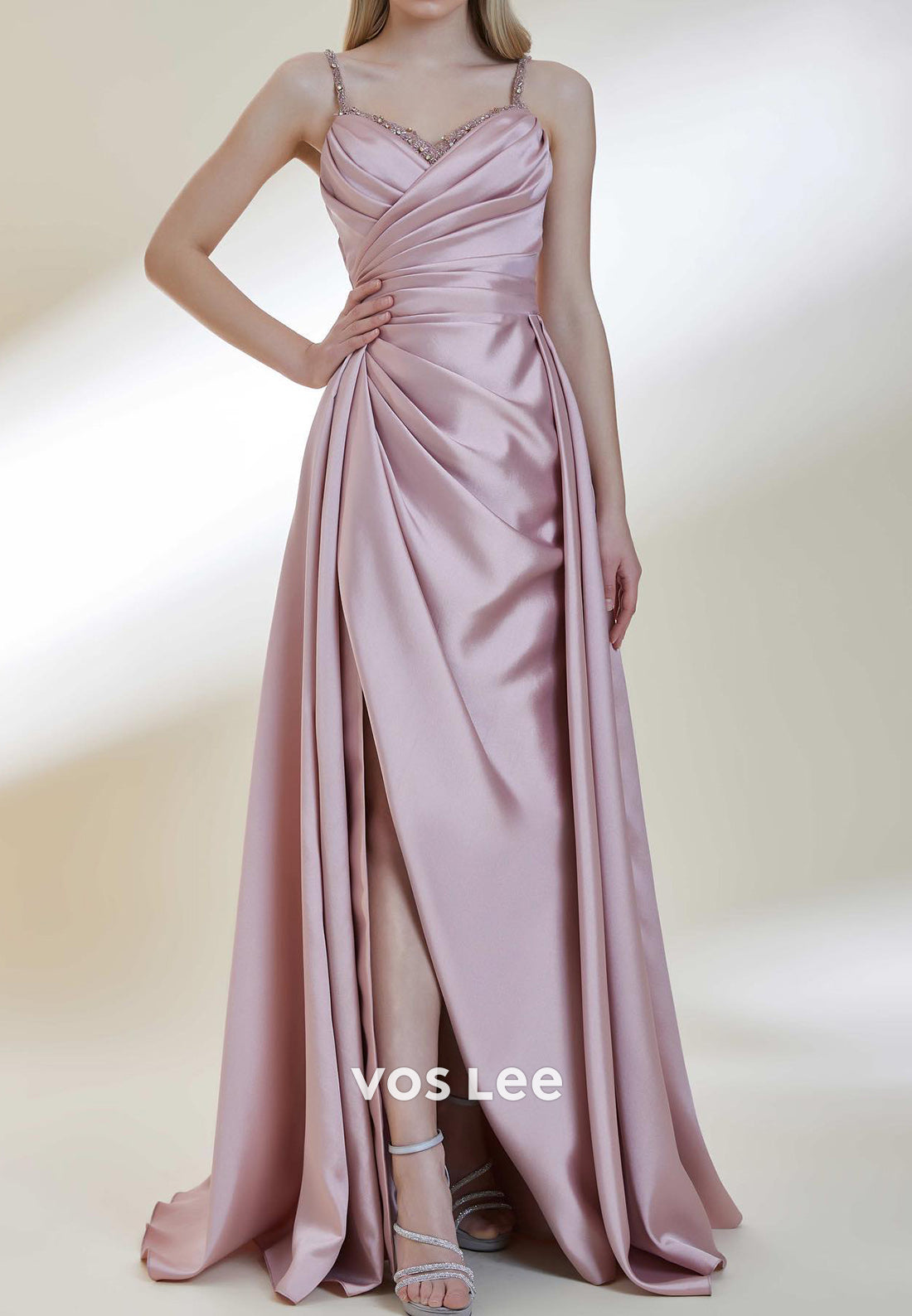 A-Line Spaghetti Straps Sweetheart Rhinestone Split Evening Dresses with Sweep Train