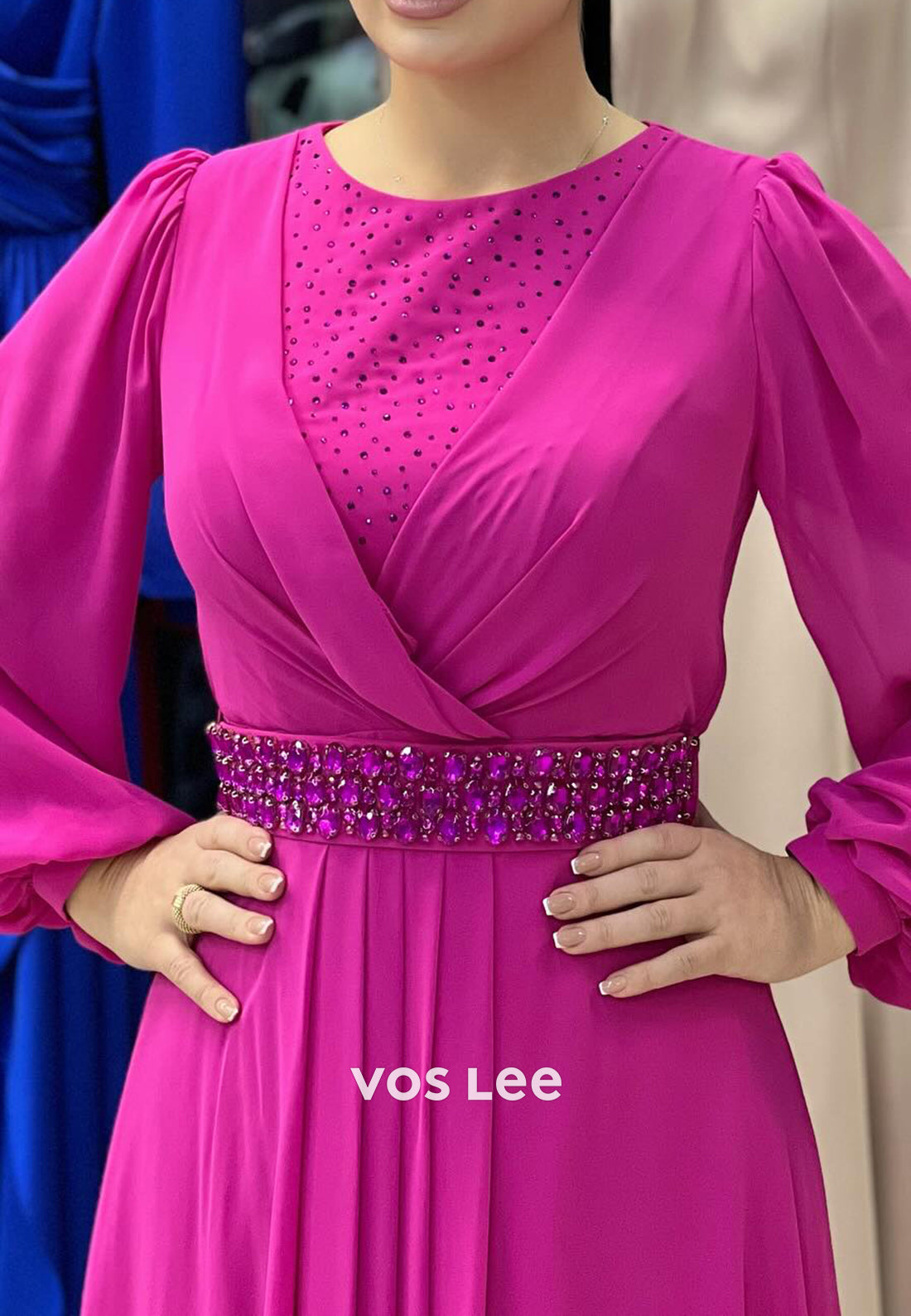 A-Line Long Sleeve Scoop Rhinestone Embellished Floor-Length Evening Dresses