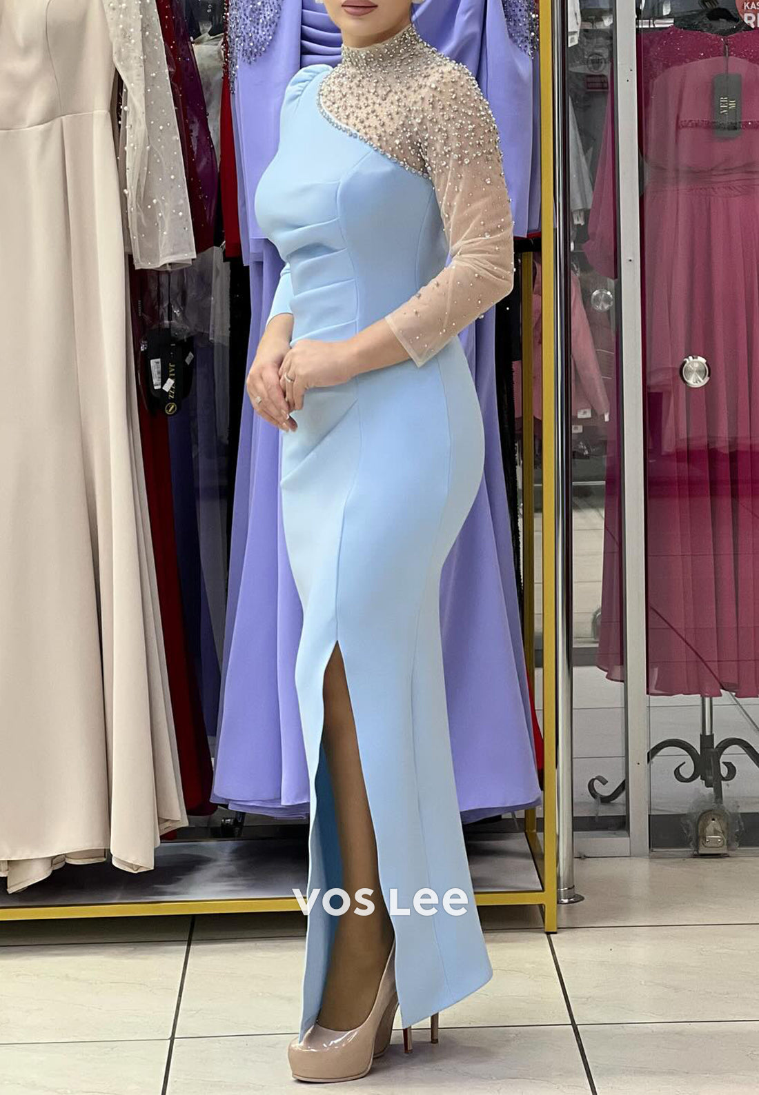 Long Sleeve Scoop Rhinestone Embellished Mermaid Evening Dresses with Side Split