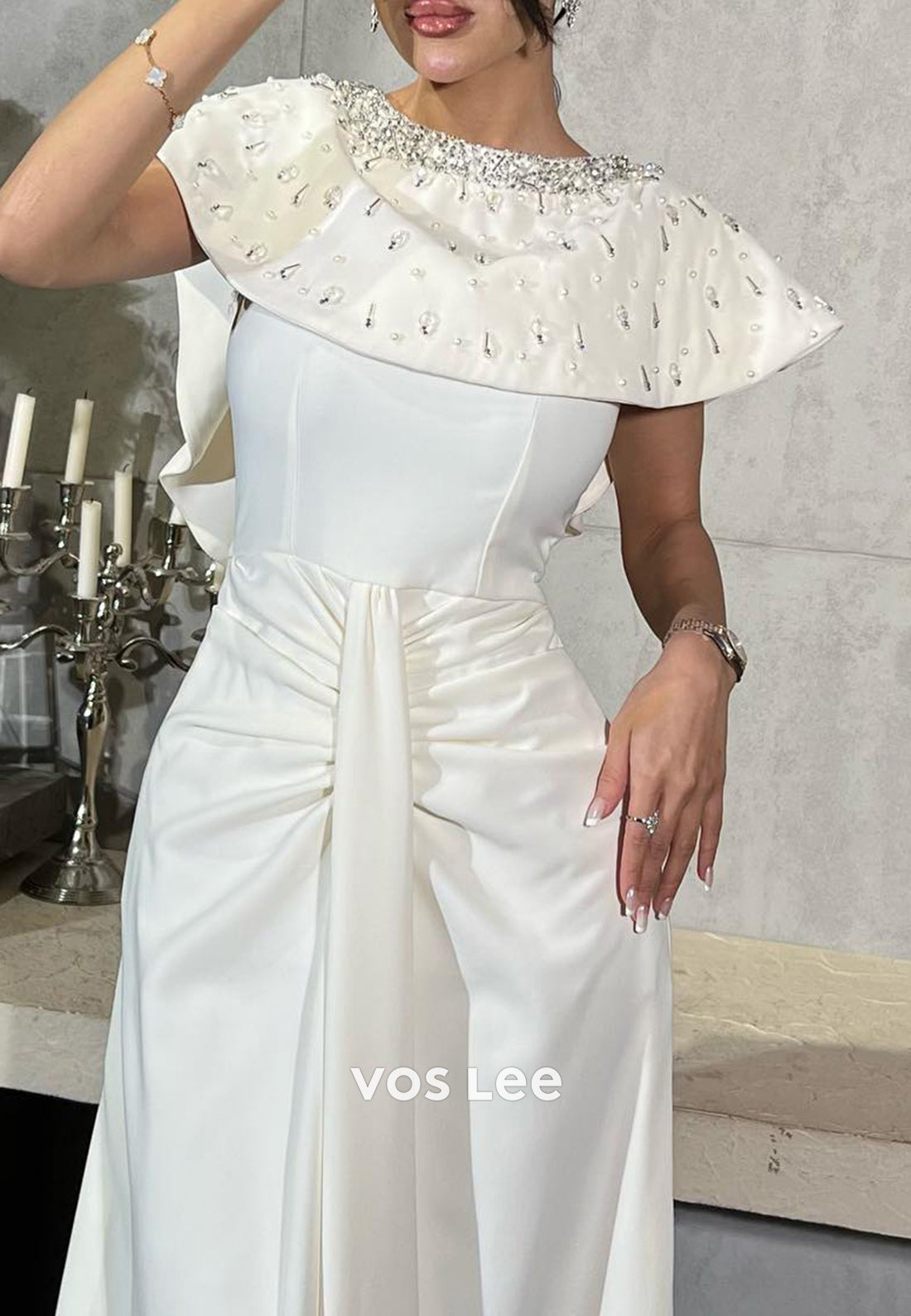 Scoop Rhinestone Beaded Embellished Satin Sheath Pleated Evening Dresses