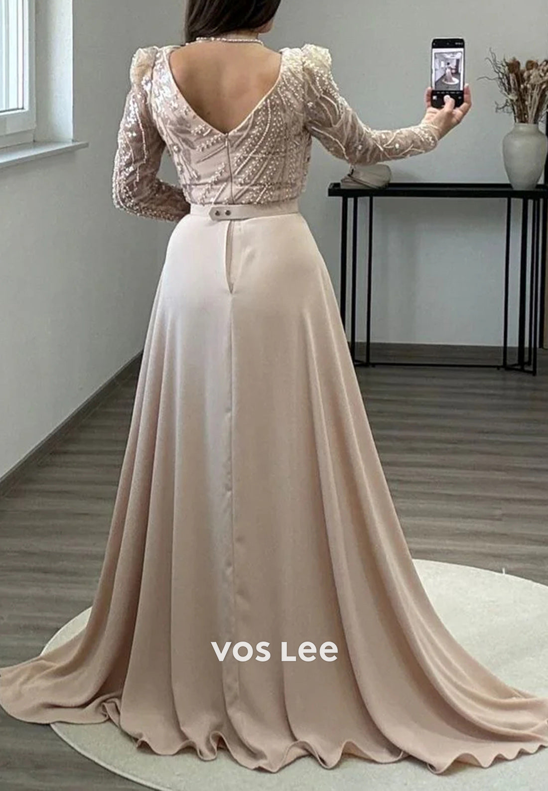 Long Sleeve Asymmetrical Neck Beaded Sequins Mermaid Evening Dresses with Sweep Train