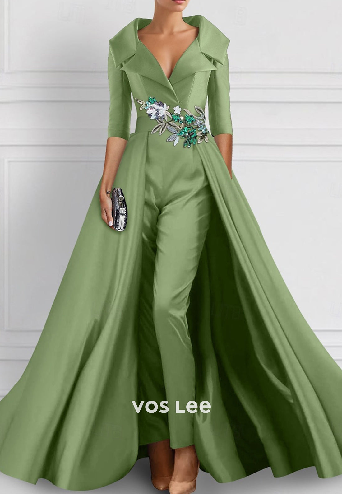 Simple Half Sleeve V Neck Appliques Jumpsuit Evening Dresses with Sweep Train