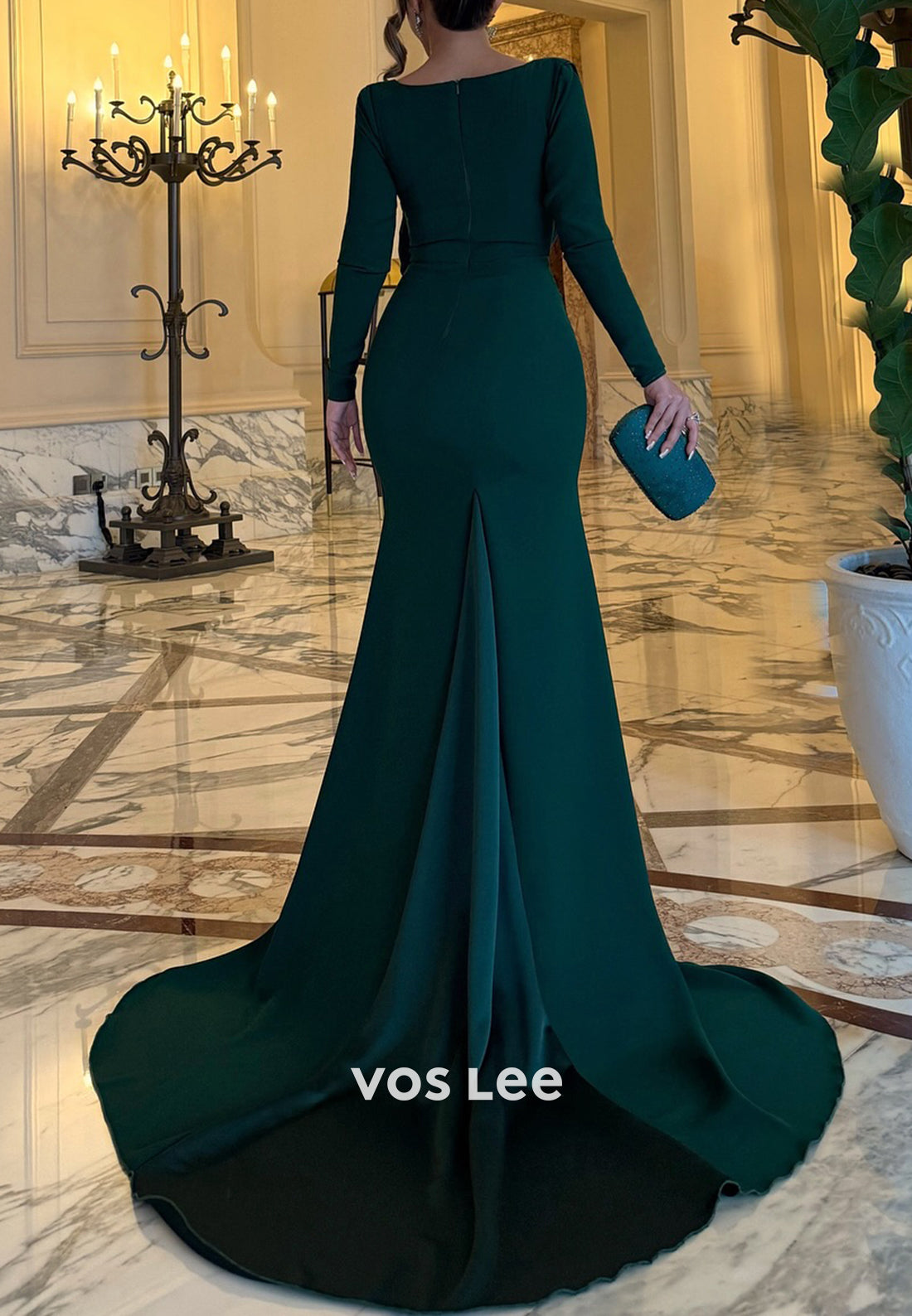 Long Sleeve V Neck Pleated Mermaid Evening Dresses with Court Train