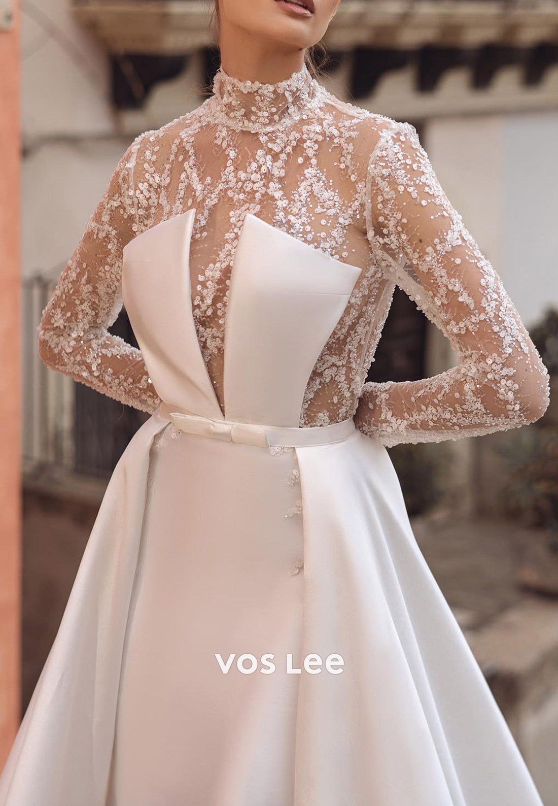 A-Line Illusion High Neck Long Sleeve Lace Sequins Wedding Dresses with Cathedral Train