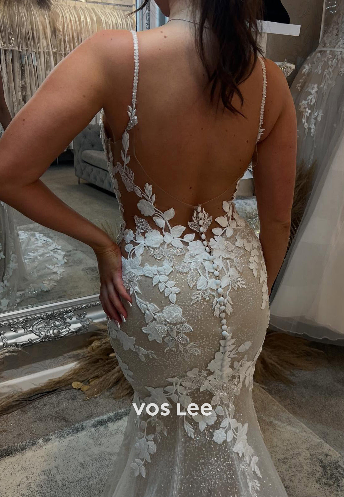 Spaghetti Straps V Neck Appliques Lace Pleated Wedding Dresses with Sweep Train