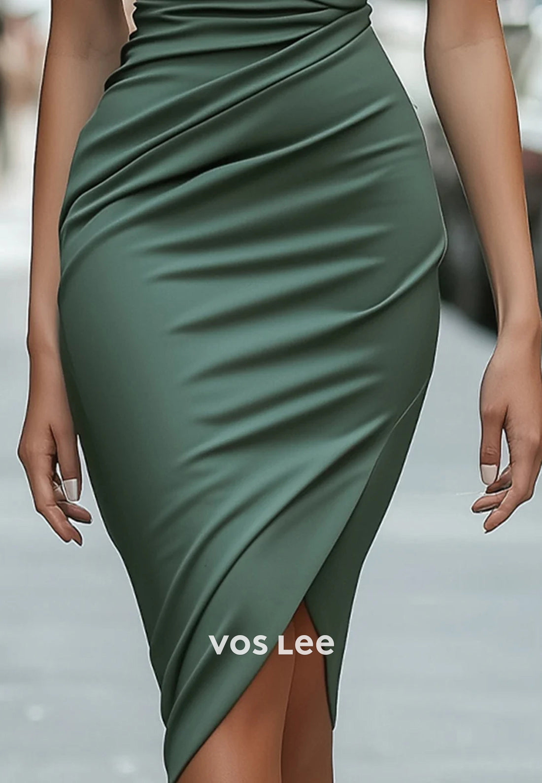 Off the Shoulder Knee-Length Pleated Mermaid Wedding Guest Dresses with Side Split