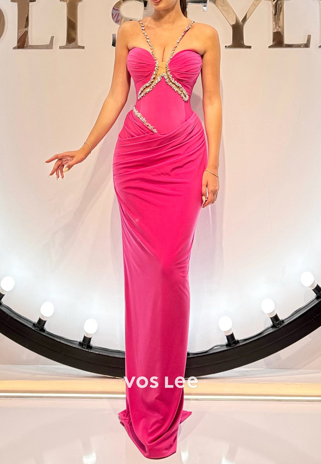 Fuchsia Sweetheart Rhinestone Pleated Long Mermaid Prom Dresses