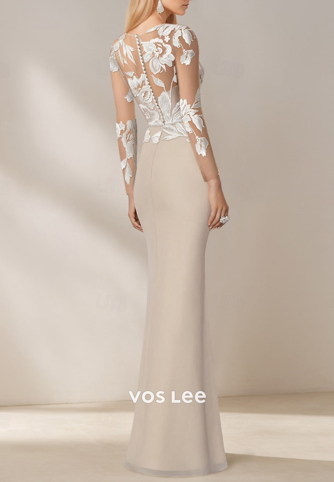 Long Sleeve Illusion Neck Appliques Lace Floor-Length Sheath Mother of Bride Dresses