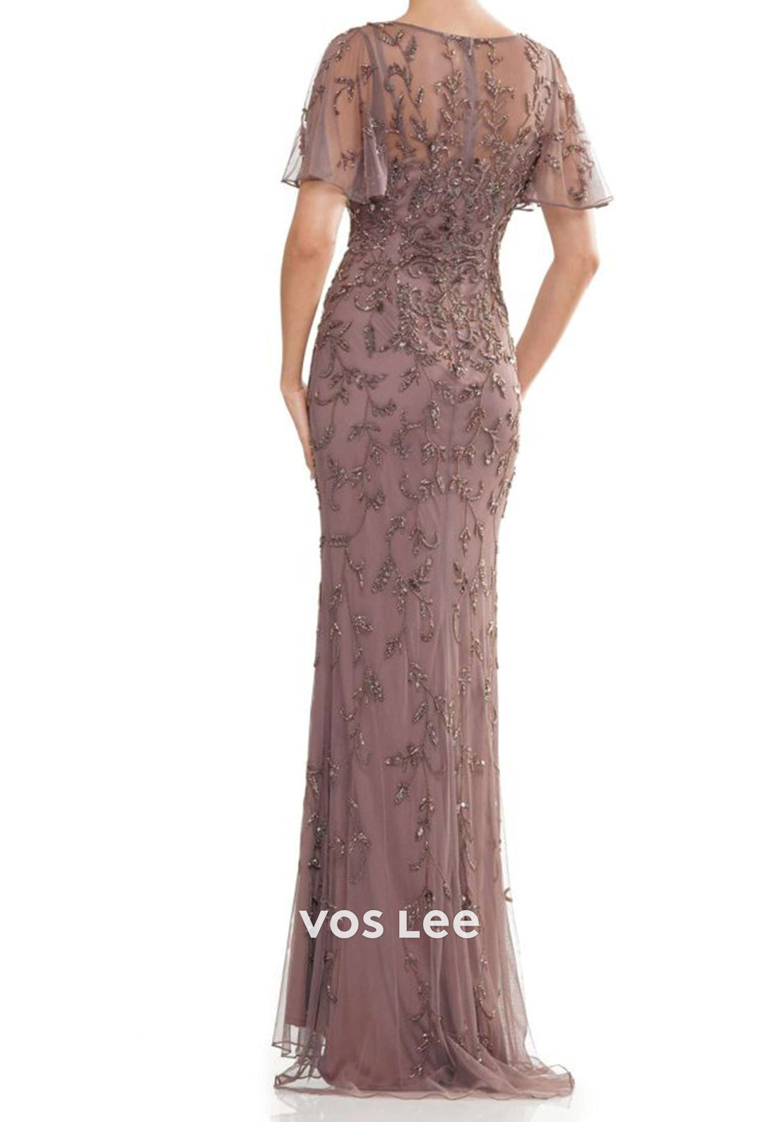 Flutter Sleeves Illusion Neck Appliques Mermaid Mother of Bride Dresses
