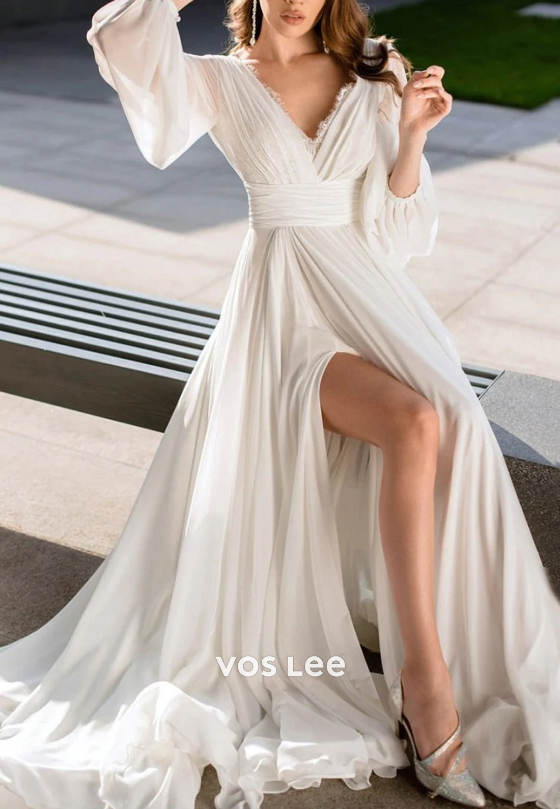 Simple A-Line V Neck Long Sleeve Floor-Length Pleated Wedding Dresses with High Split