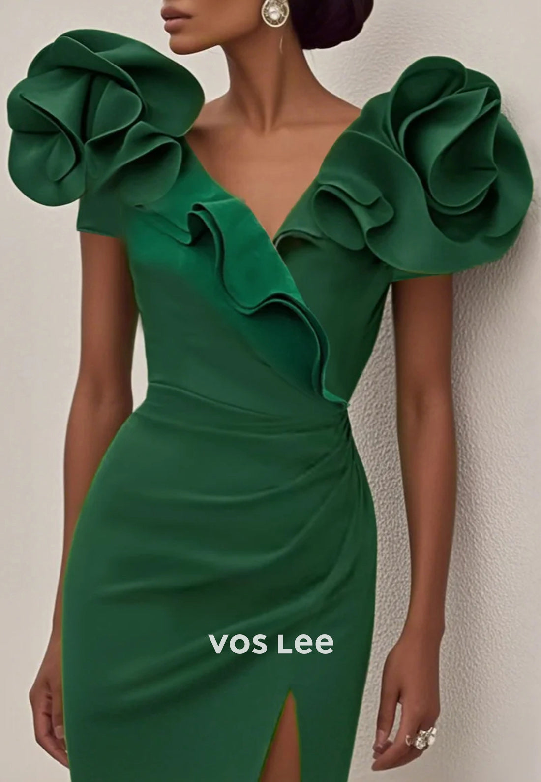 Short Sleeve V Neck Knee-Length Pleated Sheath Wedding Guest Dresses with Side Split