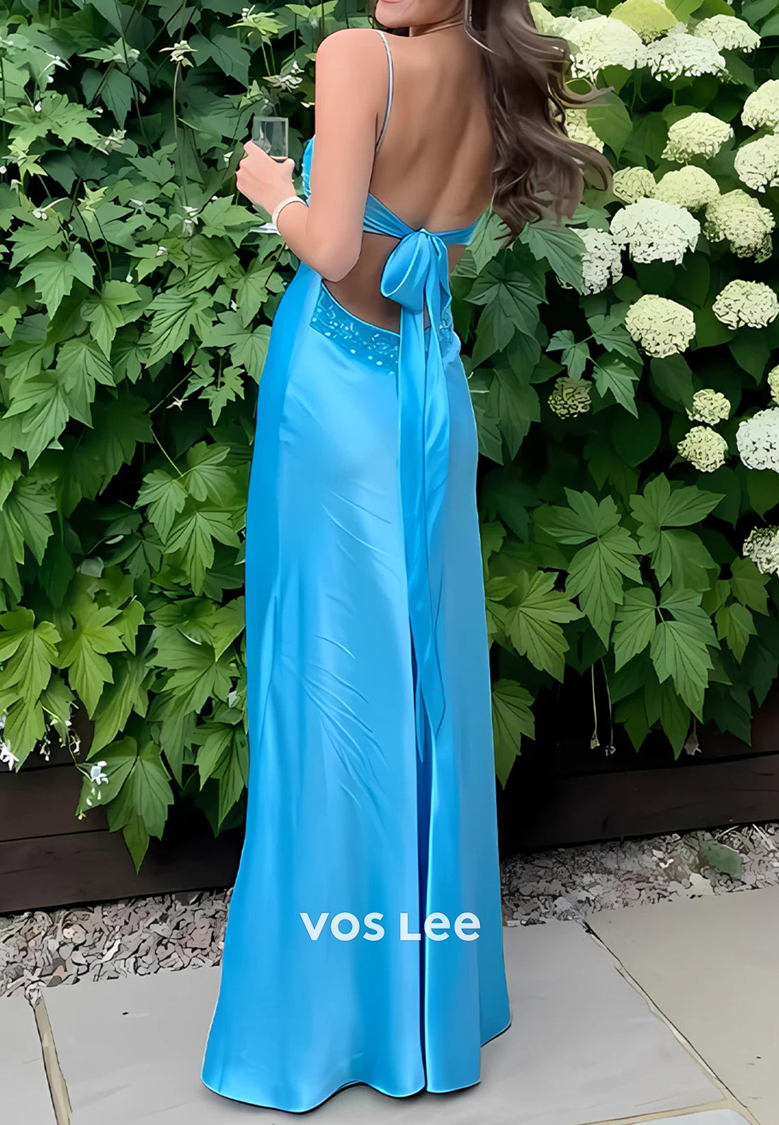 A-Line V Neck Spaghetti Straps Pleated Floor-Length Rhinestone Prom Dresses