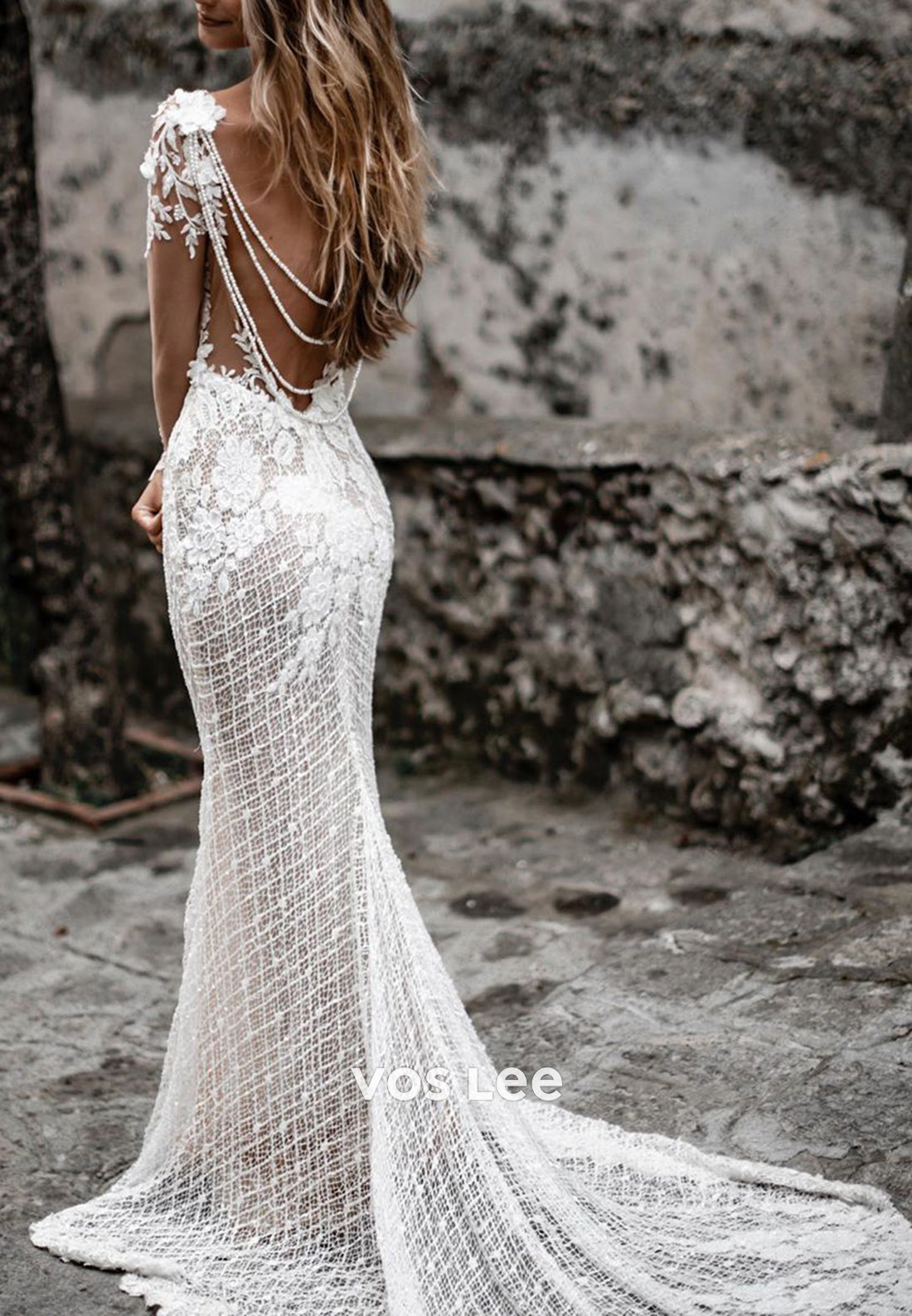 Backless Pearls Appliques Lace V Neck Mermaid Wedding Dresses with Swe VOS LEE Backless Pearls Appliques Lace V Neck Mermaid Wedding Dresses with Swe VOS LEE