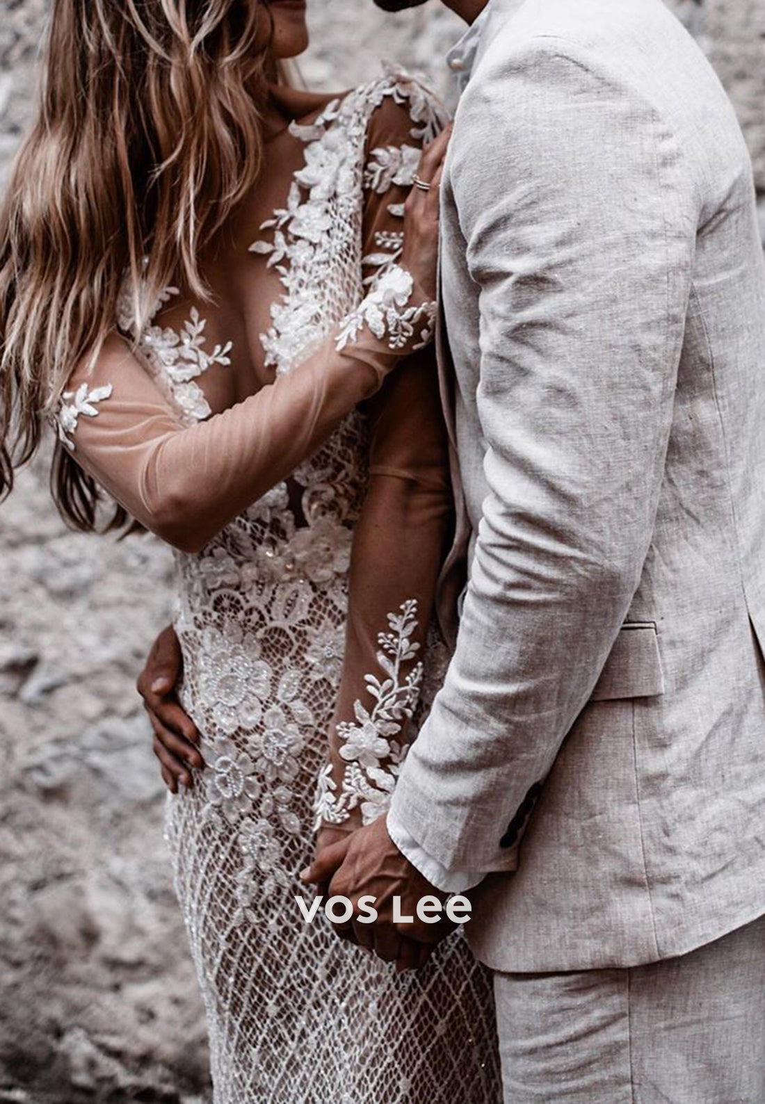 Backless Pearls Appliques Lace V Neck Mermaid Wedding Dresses with Sweep Train