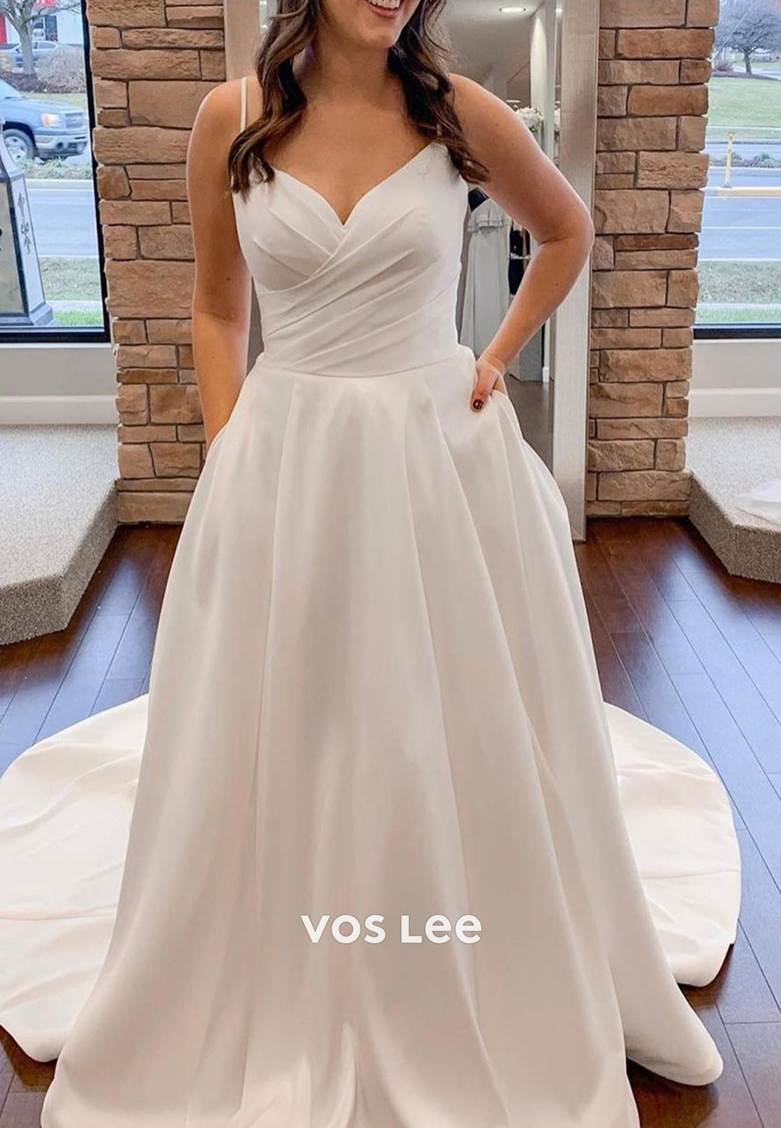 A-Line Spaghetti Straps Sweetheart Pleated Beach Wedding Dresses with Chapel Train