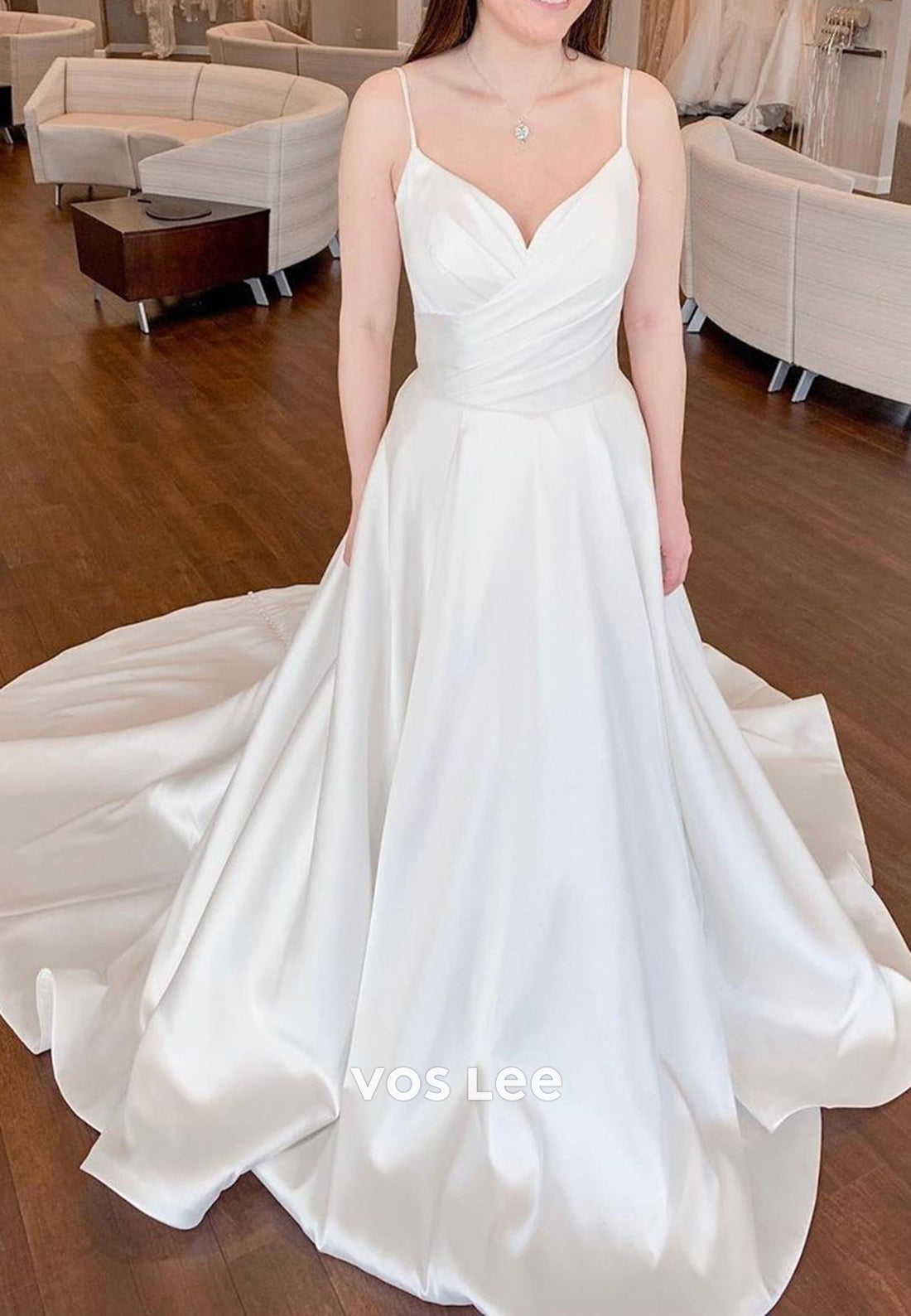 A-Line Spaghetti Straps Sweetheart Pleated Beach Wedding Dresses with Chapel Train