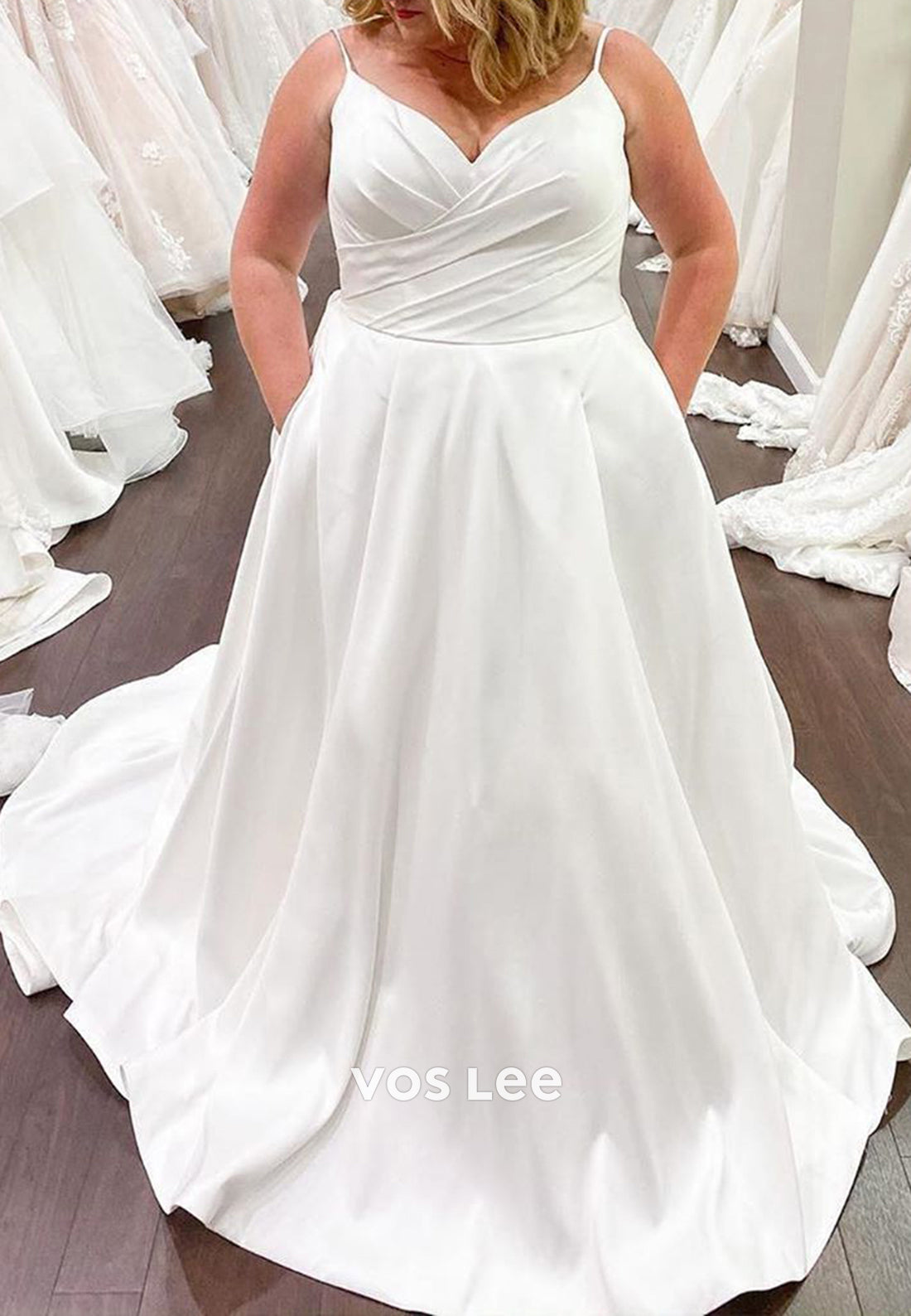A-Line Spaghetti Straps Sweetheart Pleated Beach Wedding Dresses with Chapel Train