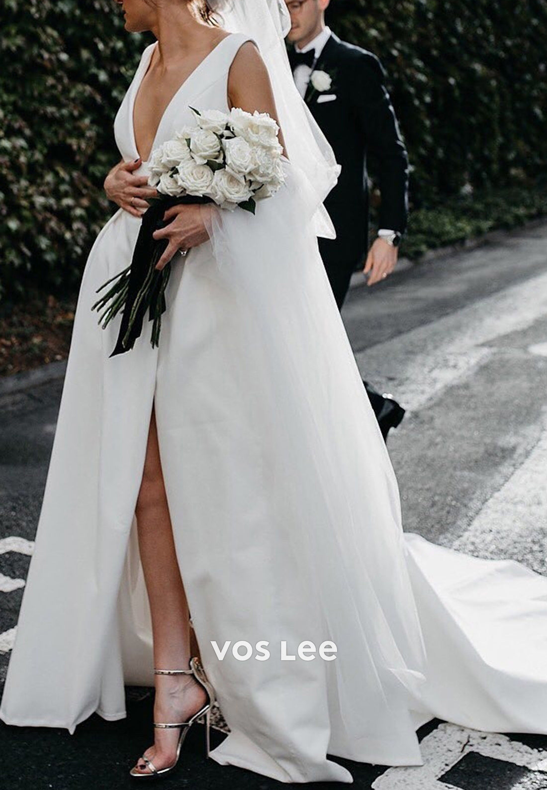 Classic & Timeless A-Line V Neck Split Pleated Satin Wedding Dresses with Chapel Train