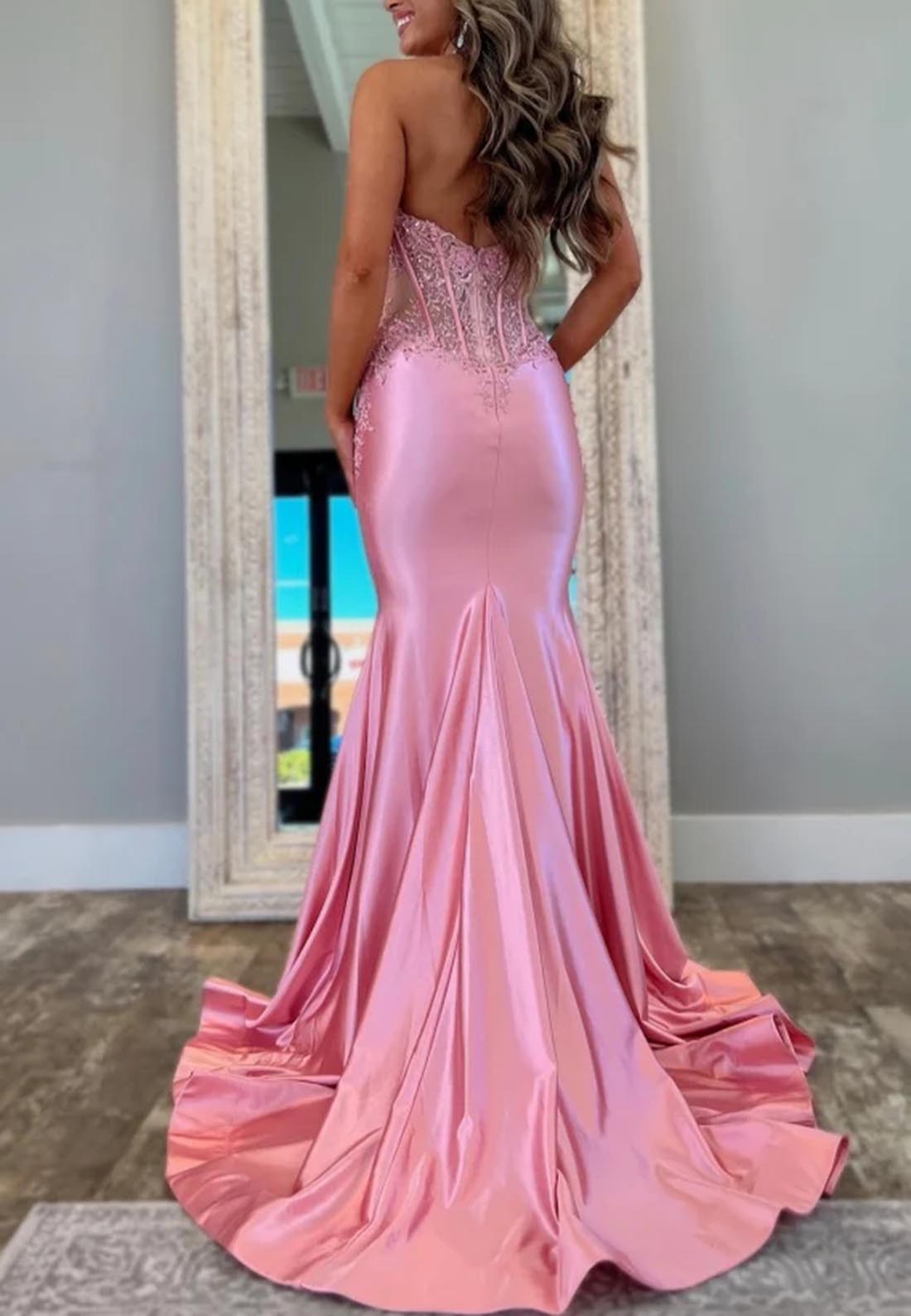Sexy V neck Halter Satin Lace Appliques Pink Long Prom Party Dress
