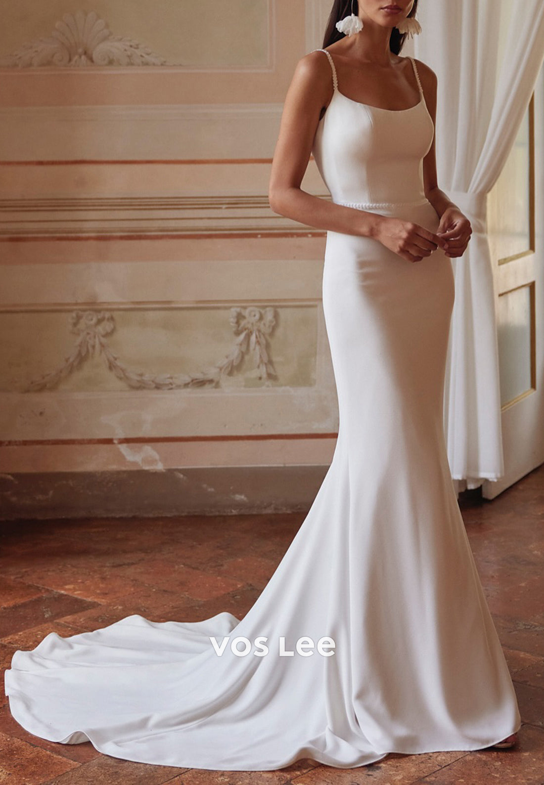Simple Long Sleeve High Neck Bowknot Mermaid Wedding Dresses with Sweep Train