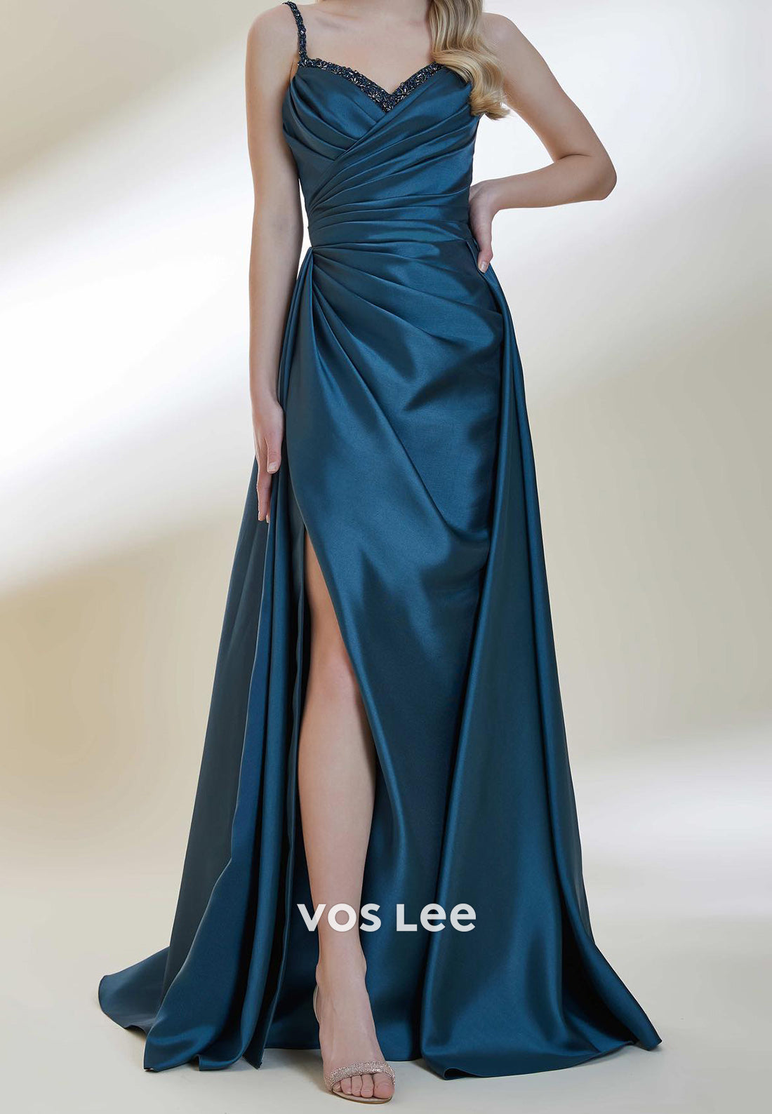 A-Line Spaghetti Straps Sweetheart Rhinestone Split Evening Dresses with Sweep Train