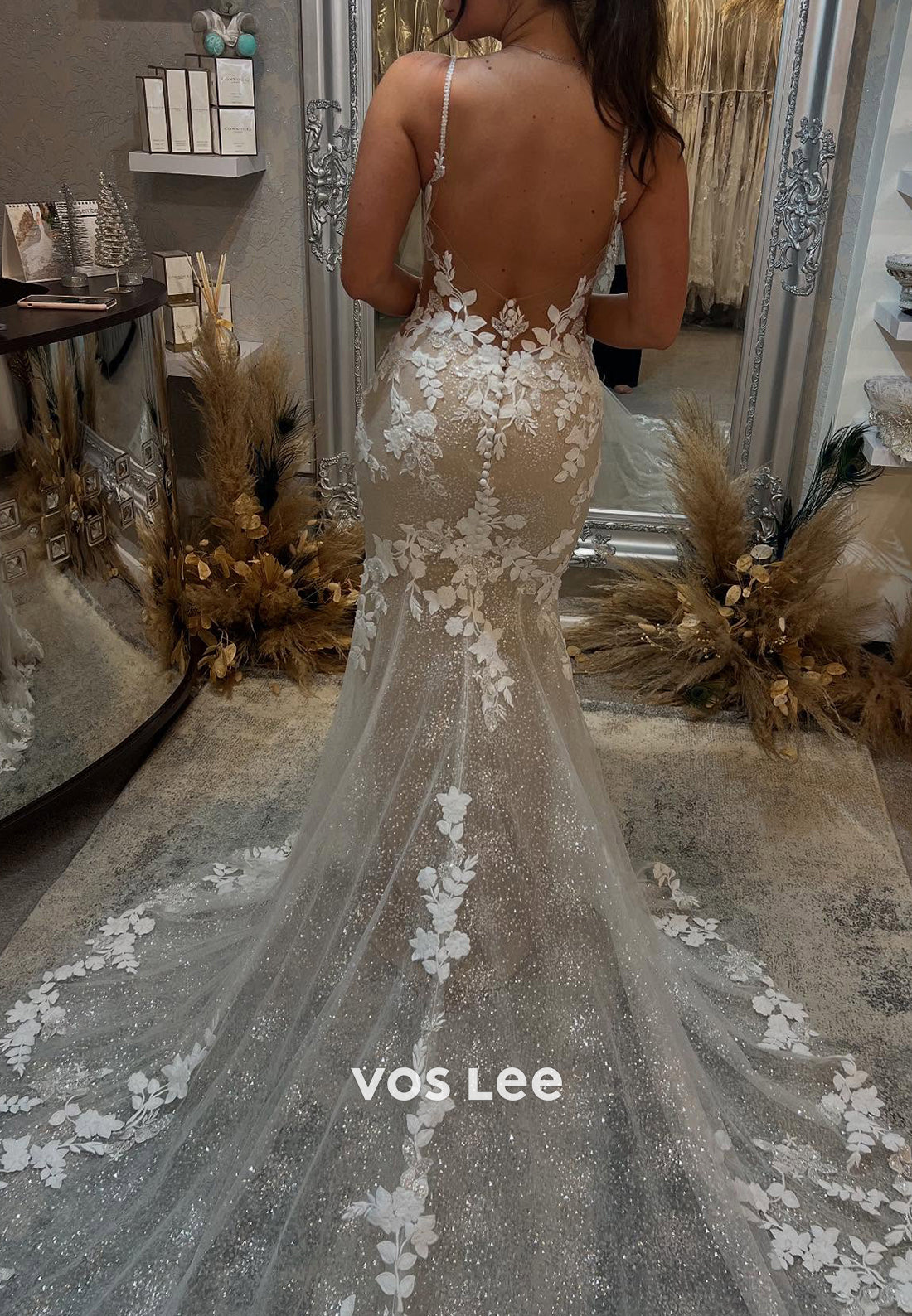 Spaghetti Straps V Neck Appliques Lace Pleated Wedding Dresses with Sweep Train