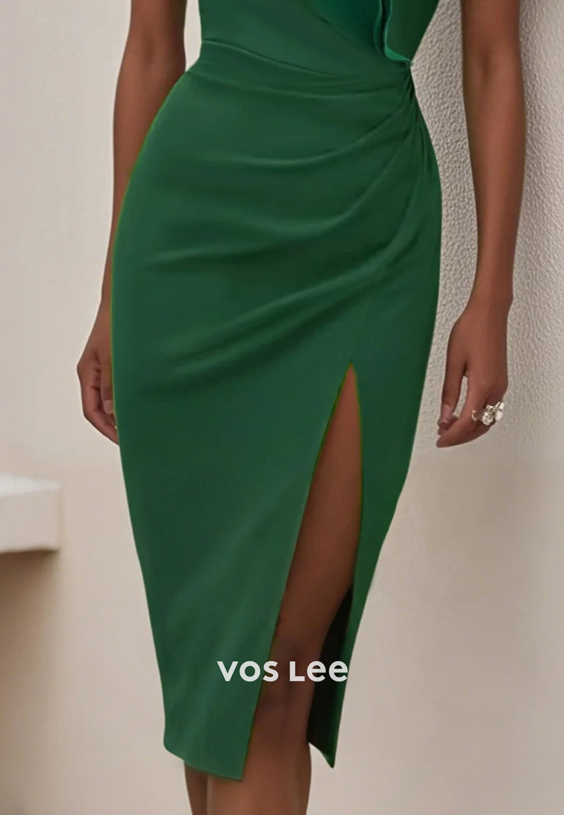 Short Sleeve V Neck Knee-Length Pleated Sheath Wedding Guest Dresses with Side Split