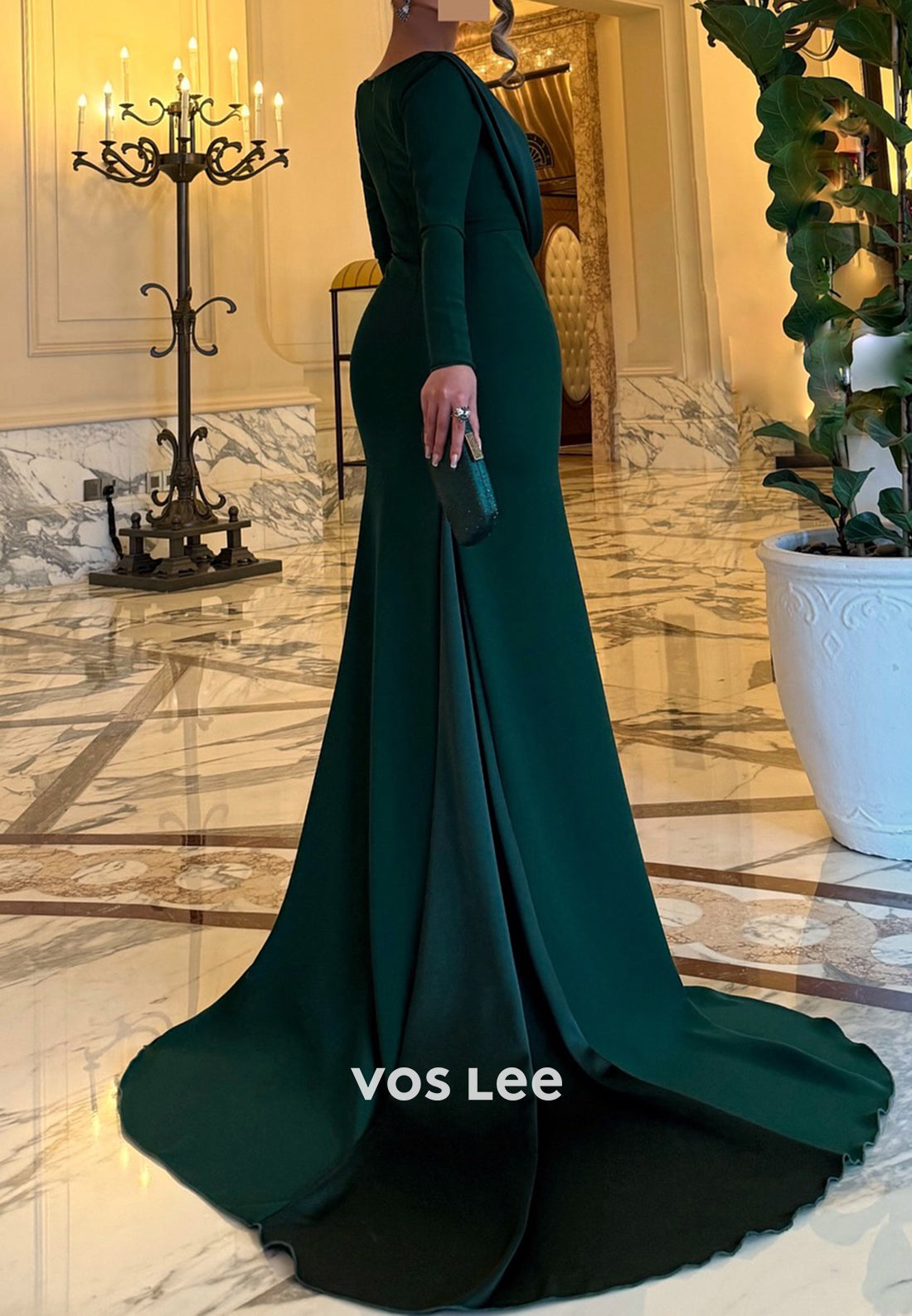Long Sleeve V Neck Pleated Mermaid Evening Dresses with Court Train