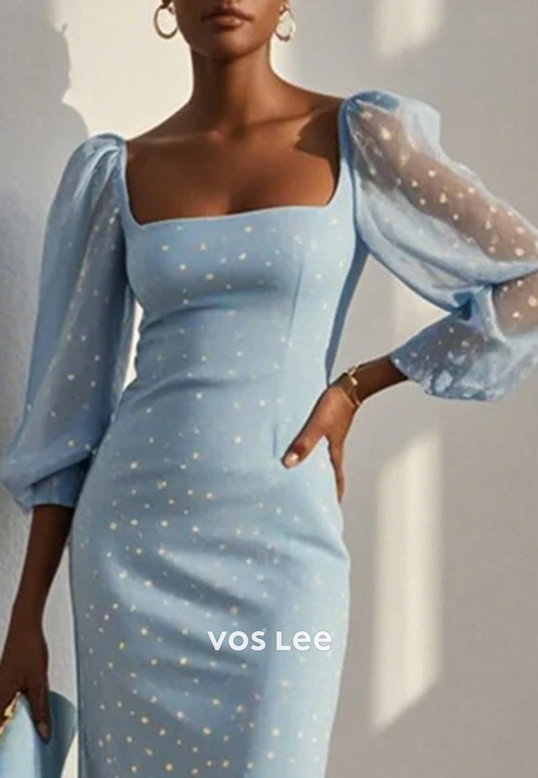 Sky Blue Long Sleeve Tulle Square Tea-Length Simple Mermaid Wedding Guest Dresses