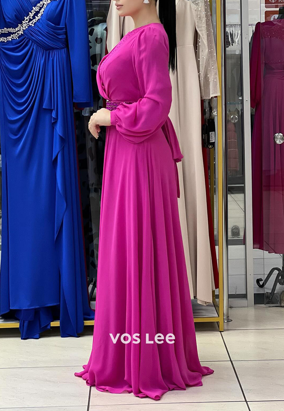 A-Line Long Sleeve Scoop Rhinestone Embellished Floor-Length Evening Dresses