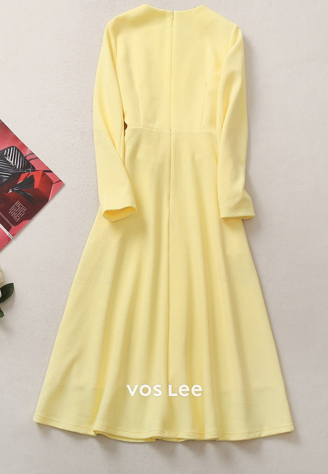 A-Line Long Sleeve Scoop Tea-Length Ruched Mother of Bride Dresses