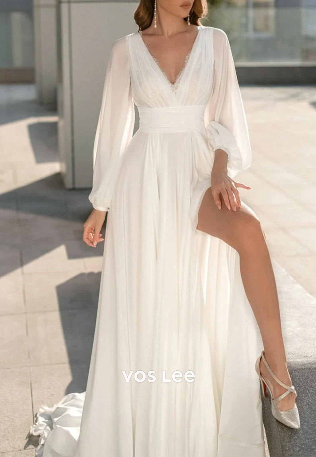Simple A-Line V Neck Long Sleeve Floor-Length Pleated Wedding Dresses with High Split