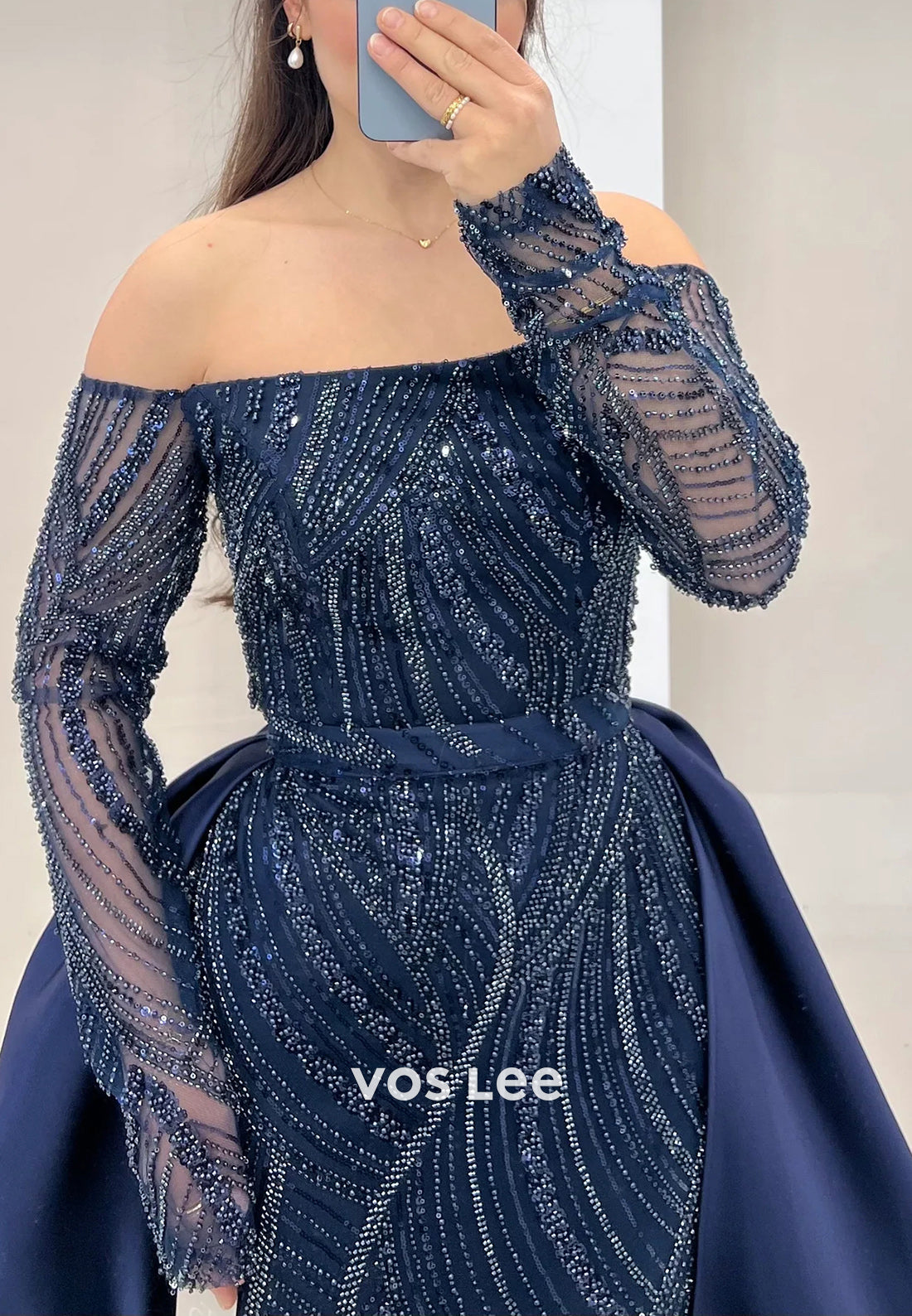 Long Sleeve Off the Shoulder Fully Beaded Mermaid Evening Dresses with Court Train