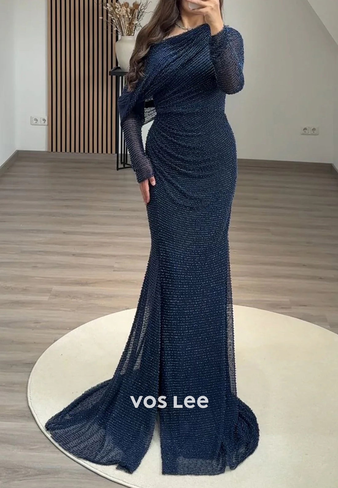 Long Sleeve One Shoulder Pleated Mermaid Evening Dresses with Sweep Train