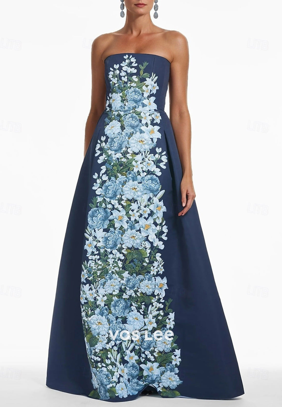 A-Line Strapless Floral Appliqued Embellished Floor-Length Pleated Evening Dresses