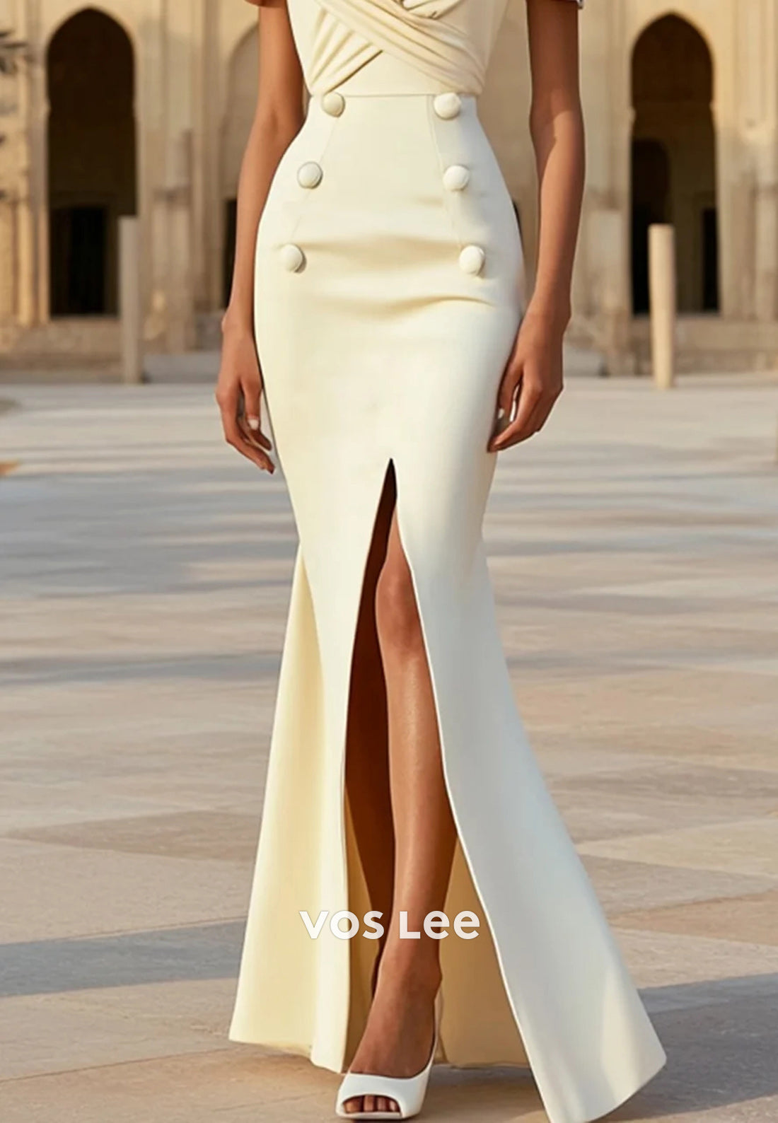 Short Sleeve V Neck Floor-Length Mermaid Wedding Guest Dresses with High Split