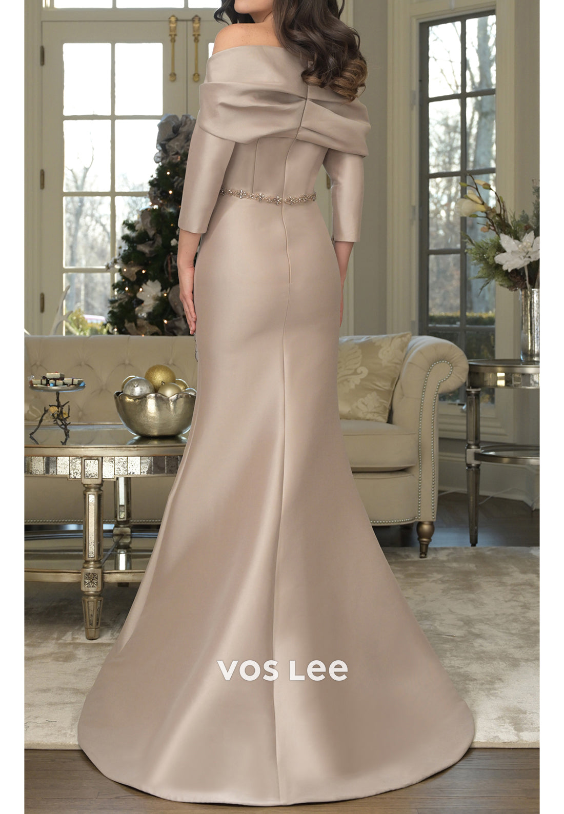 Asymmetrical Neck 3/4 Sleeve Floral Embossed Mermaid Mother of Bride Dresses