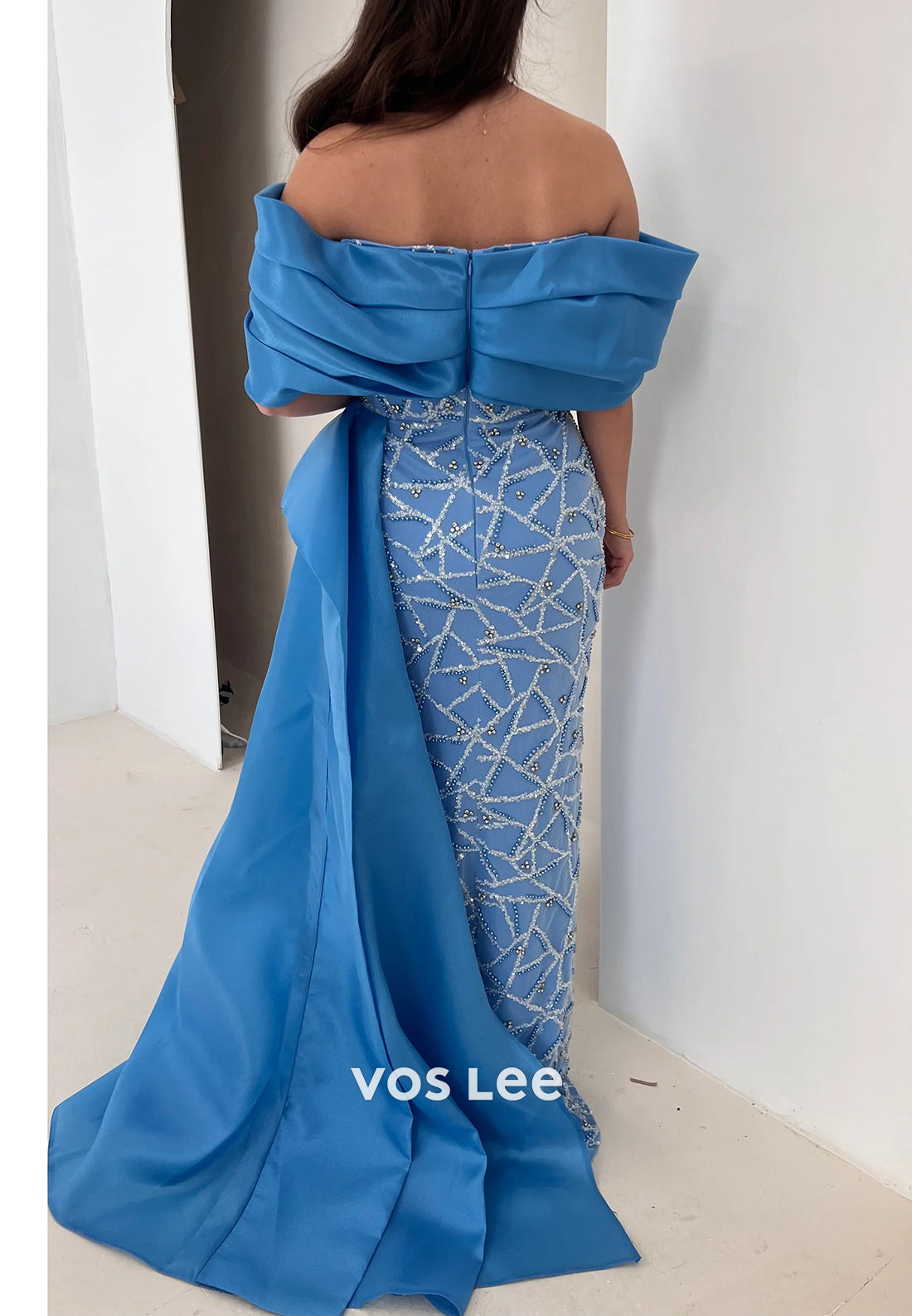 Off the Shoulder Fully Beaded Sequins Pleated Mermaid Evening Dresses with Sweep Train