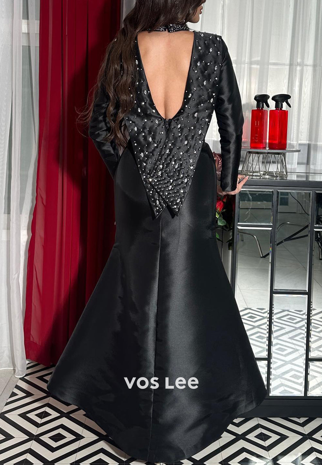 Black Long Sleeve High Neck Rhinestone Ankle-Length Sheath Evening Dresses