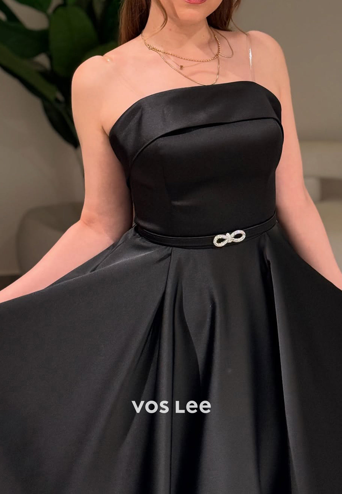 A-Line Strapless Rhinestone Embellished Tea-Length Evening Dresses