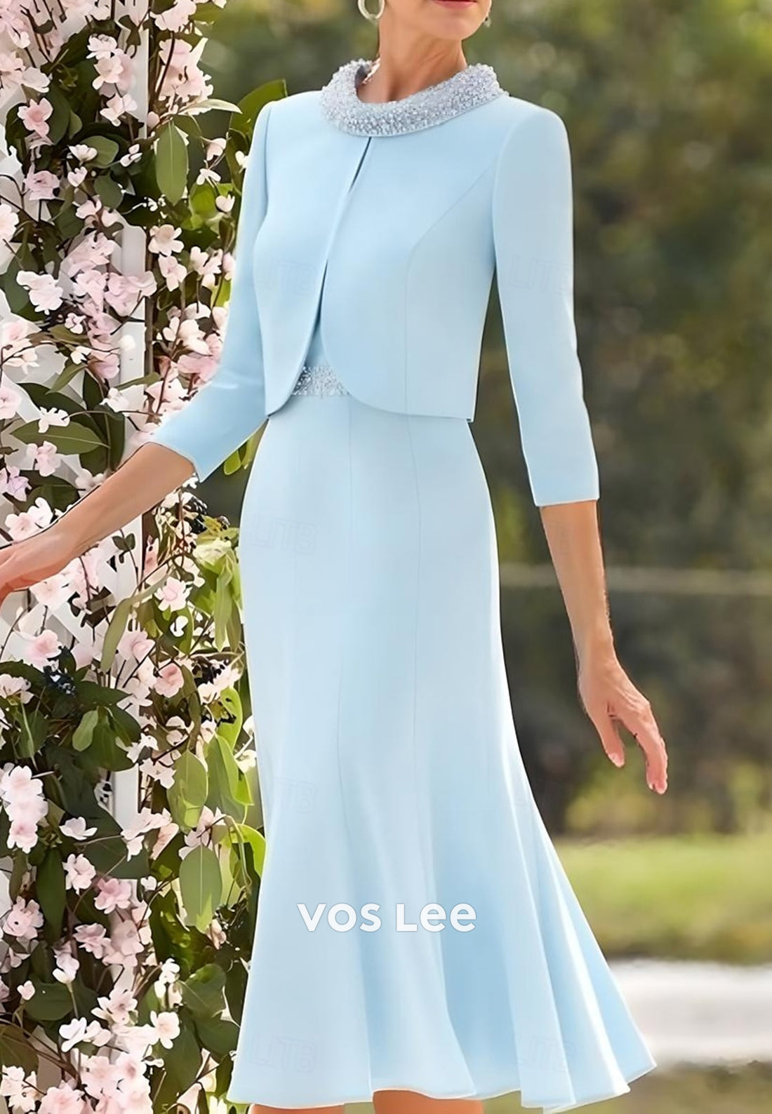 Sky Blue 3/4 Sleeve Scoop Beaded Tea-Length Mermaid Mother of Bride Dresses