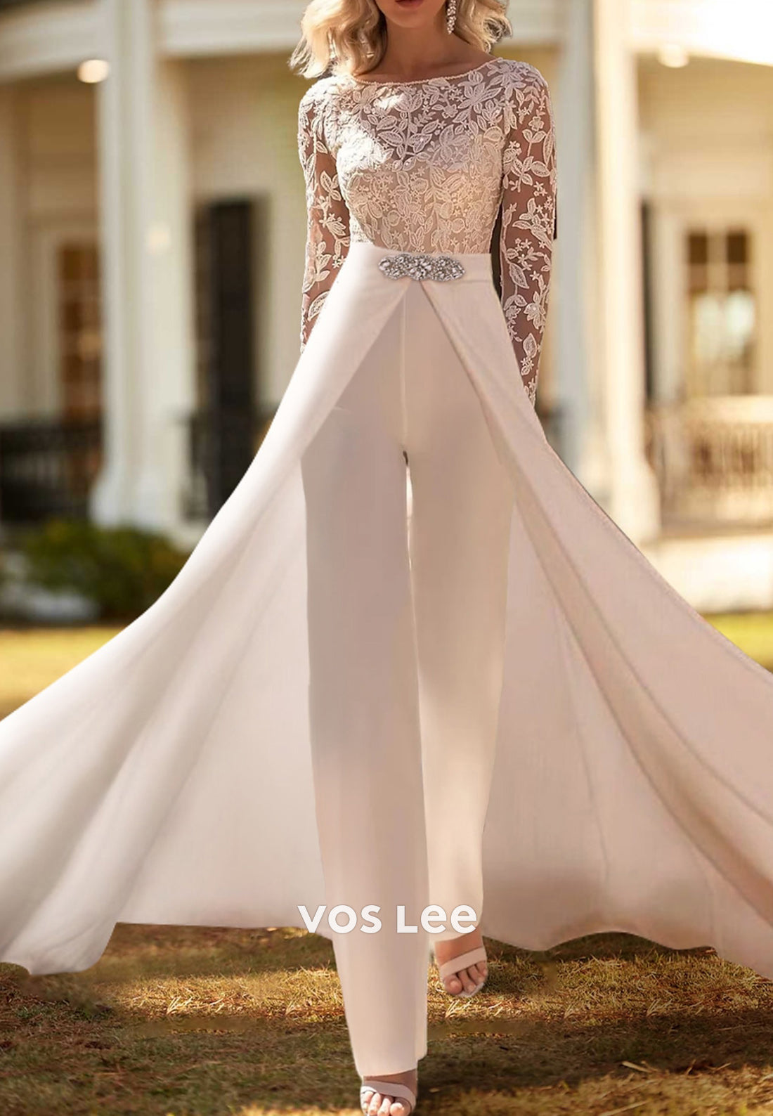 Long Sleeve Appliques Lace Illusion Neck Rhinestone Wedding Dresses with Sweep Train