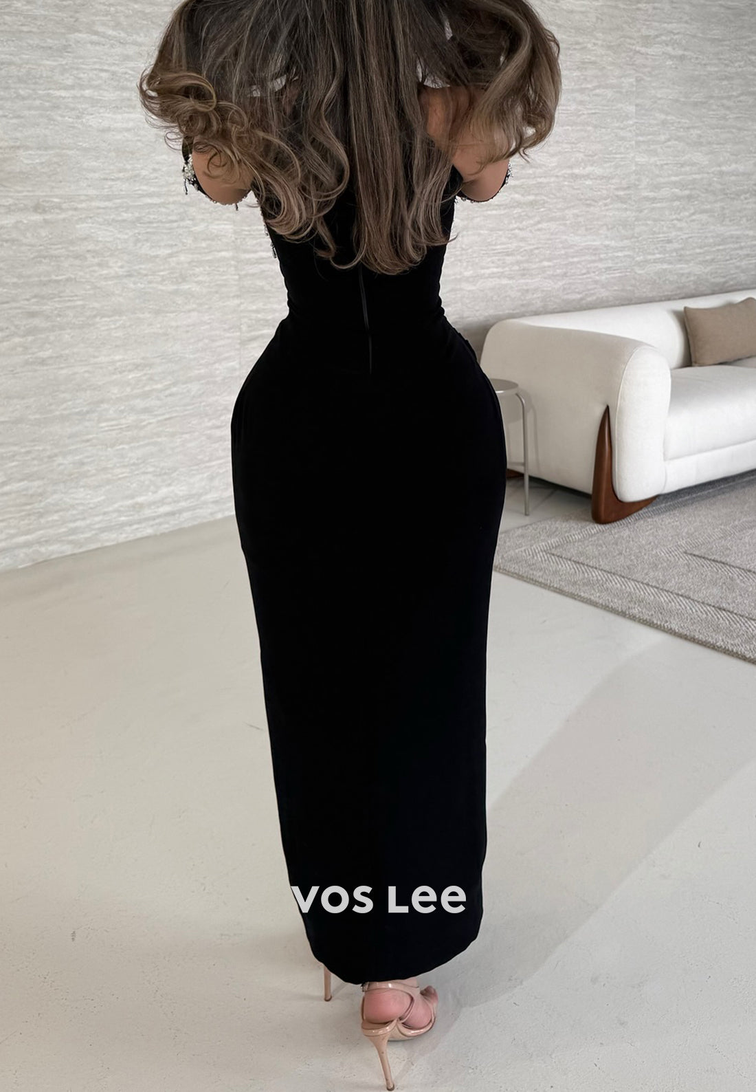 Long Sleeve Halter Rhinestone Embellished Ankle-Length Sheath Evening Dresses