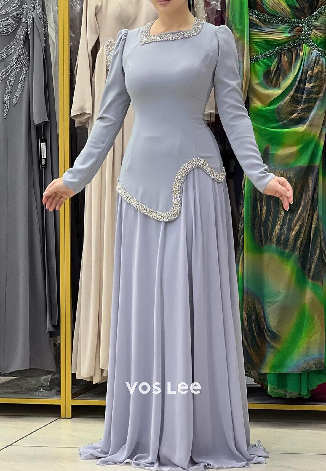 A-Line Long Sleeves Square Rhinestone Pleated Floor-Length Evening Dresses