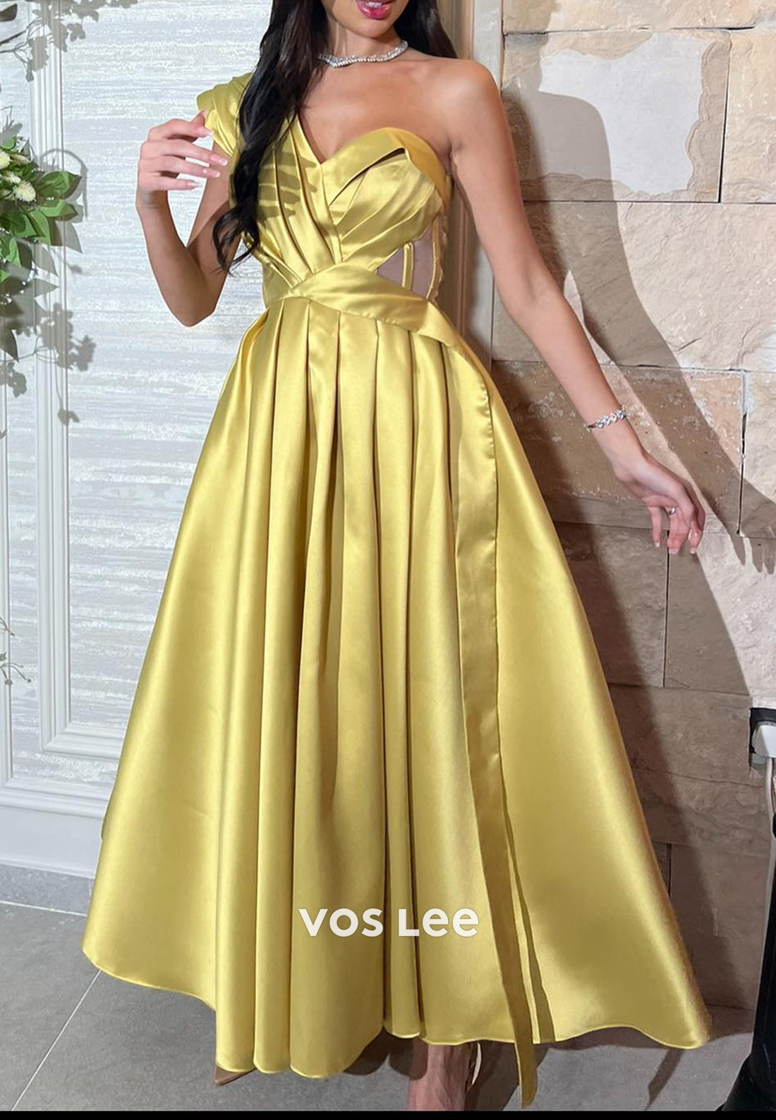 A-Line One Shoulder Pleated Ankle-Length Couture Evening Dresses